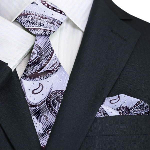Silver & Deep Brown Large Paisley Necktie | Bold Detail, Classic Edge