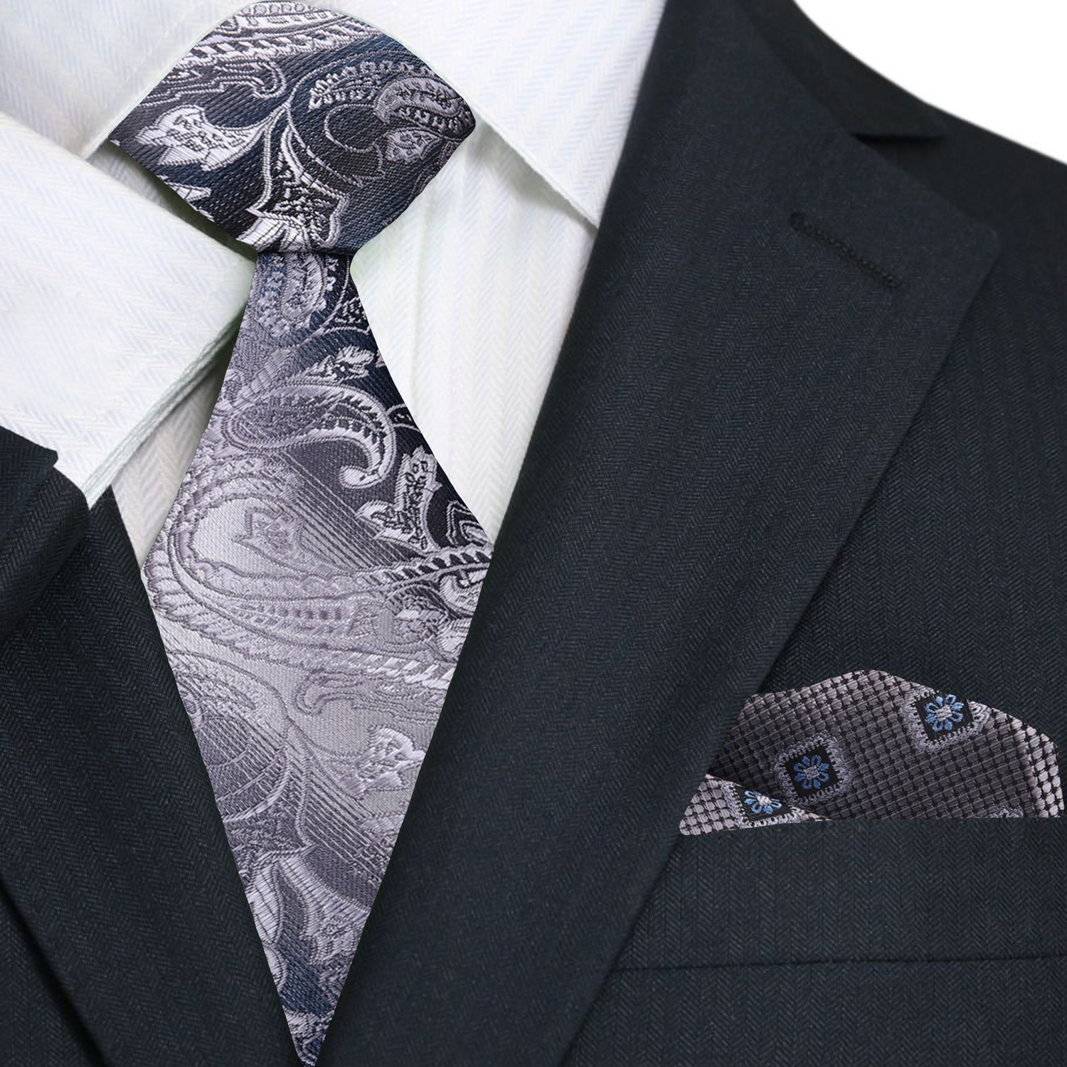 Grey and Silver Paisley Necktie and Accenting Grey Pocket Square