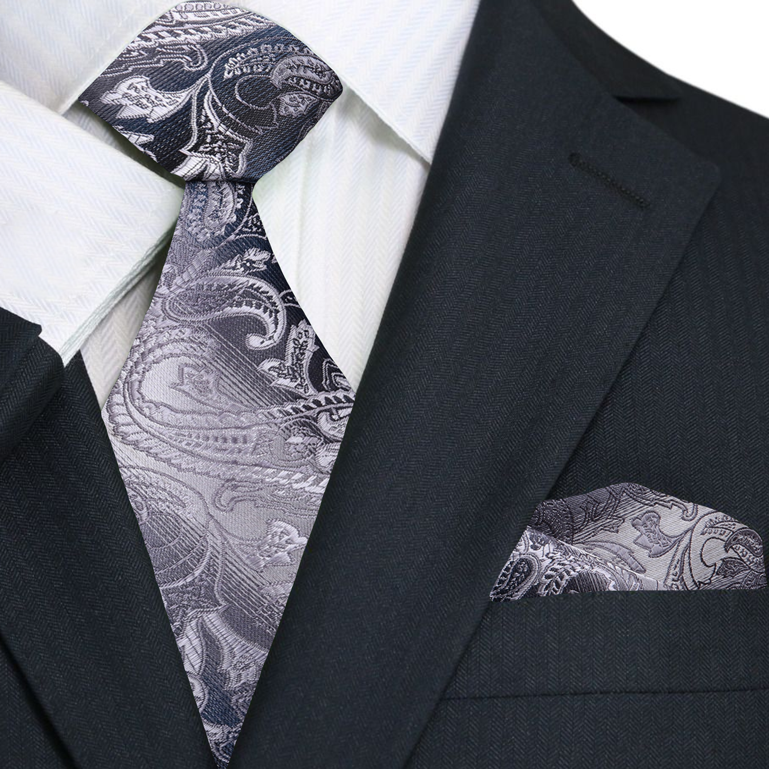 Grey and Silver Paisley Necktie and  Pocket Square