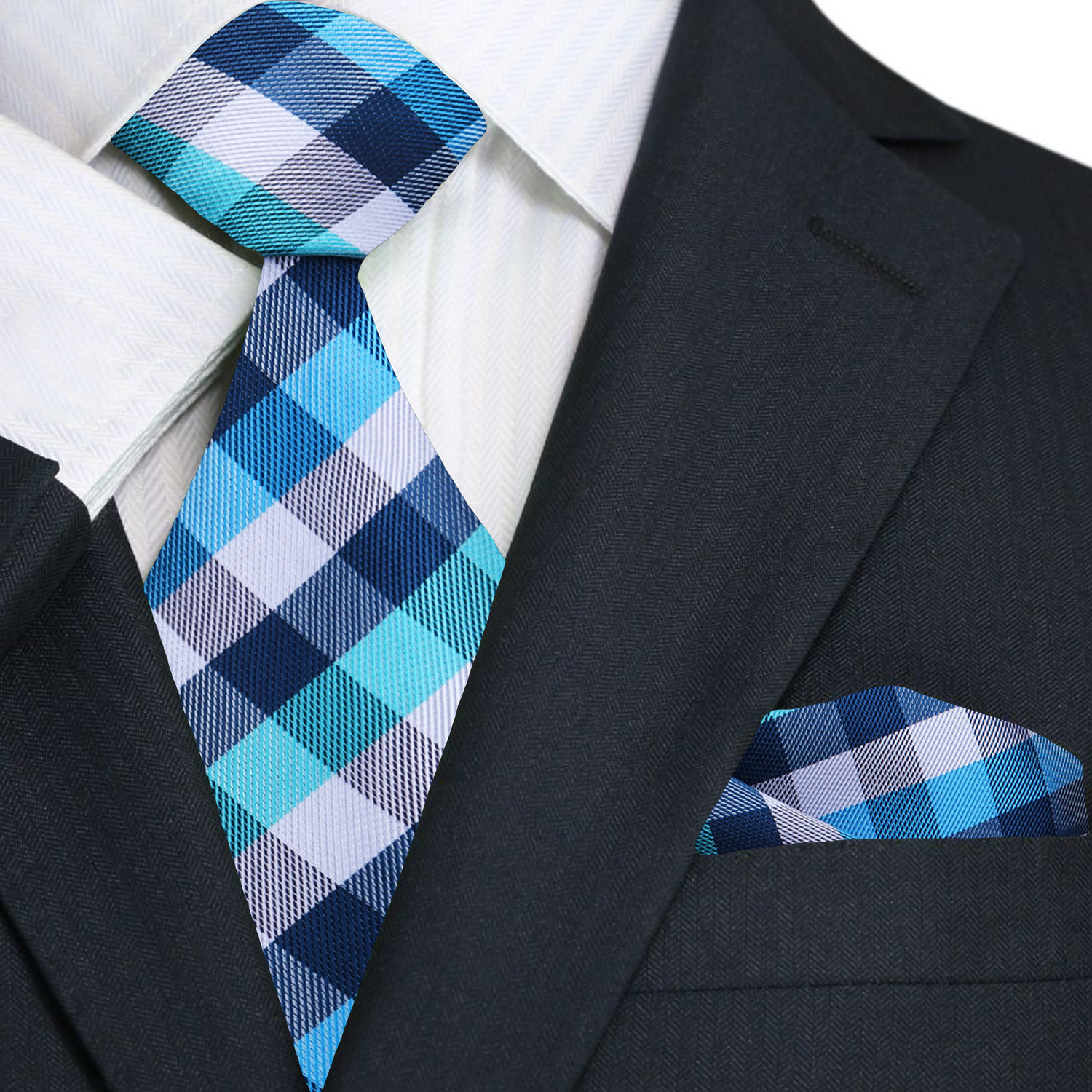 A Light Blue, Ice, White Geometric Check Pattern Necktie, Matching Pocket Square