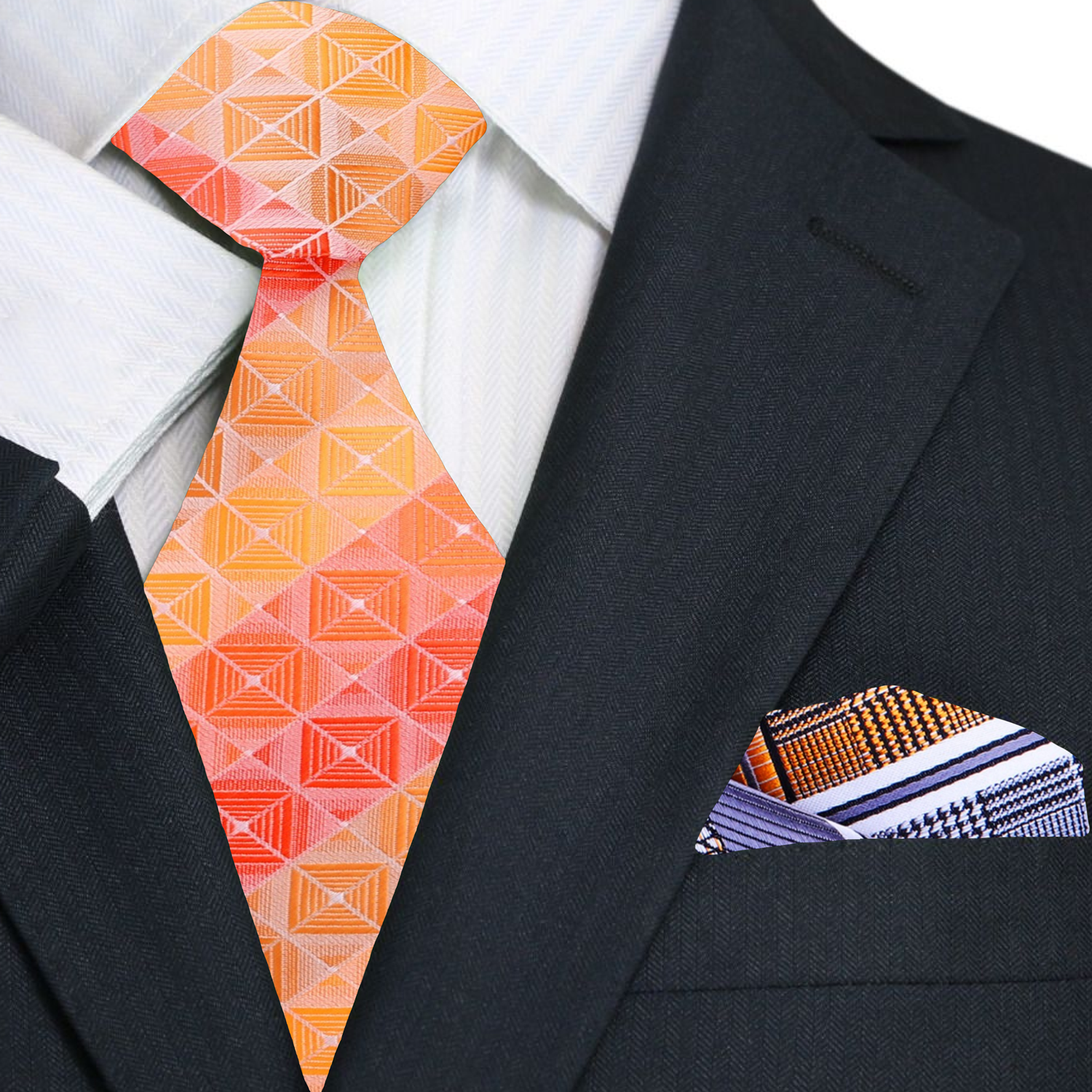 Main Shades of Orange Geometric Necktie and Accenting Square