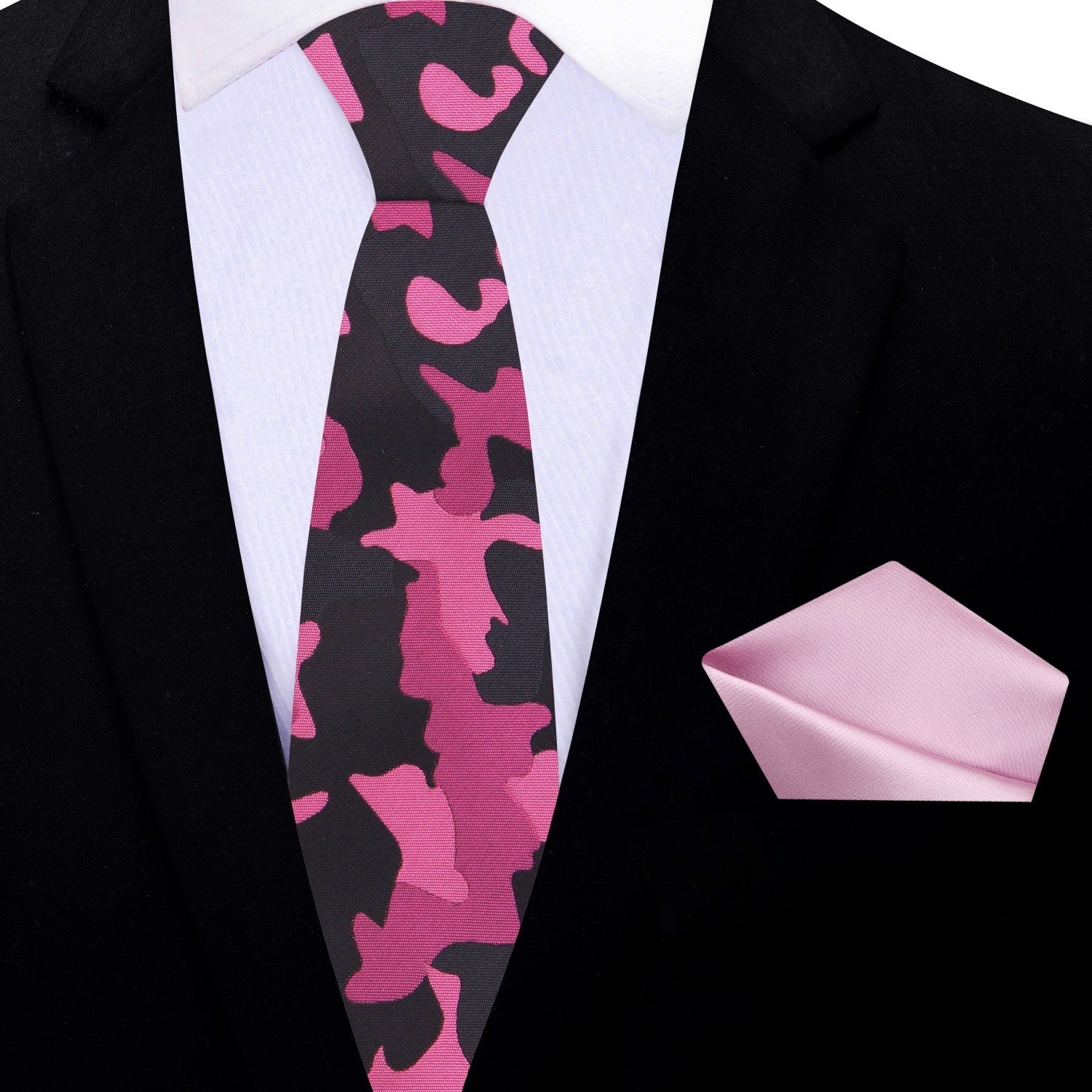 Thin Shades of Pink Black Camo Fleck Tie and Pink Square