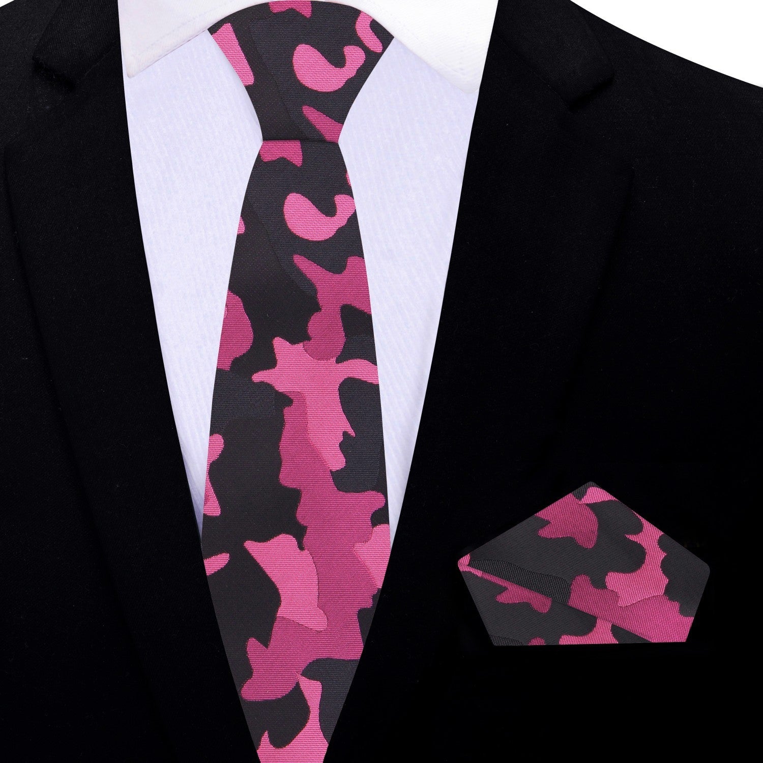 Thin Shades of Pink Black Camo Fleck Tie and Square 1