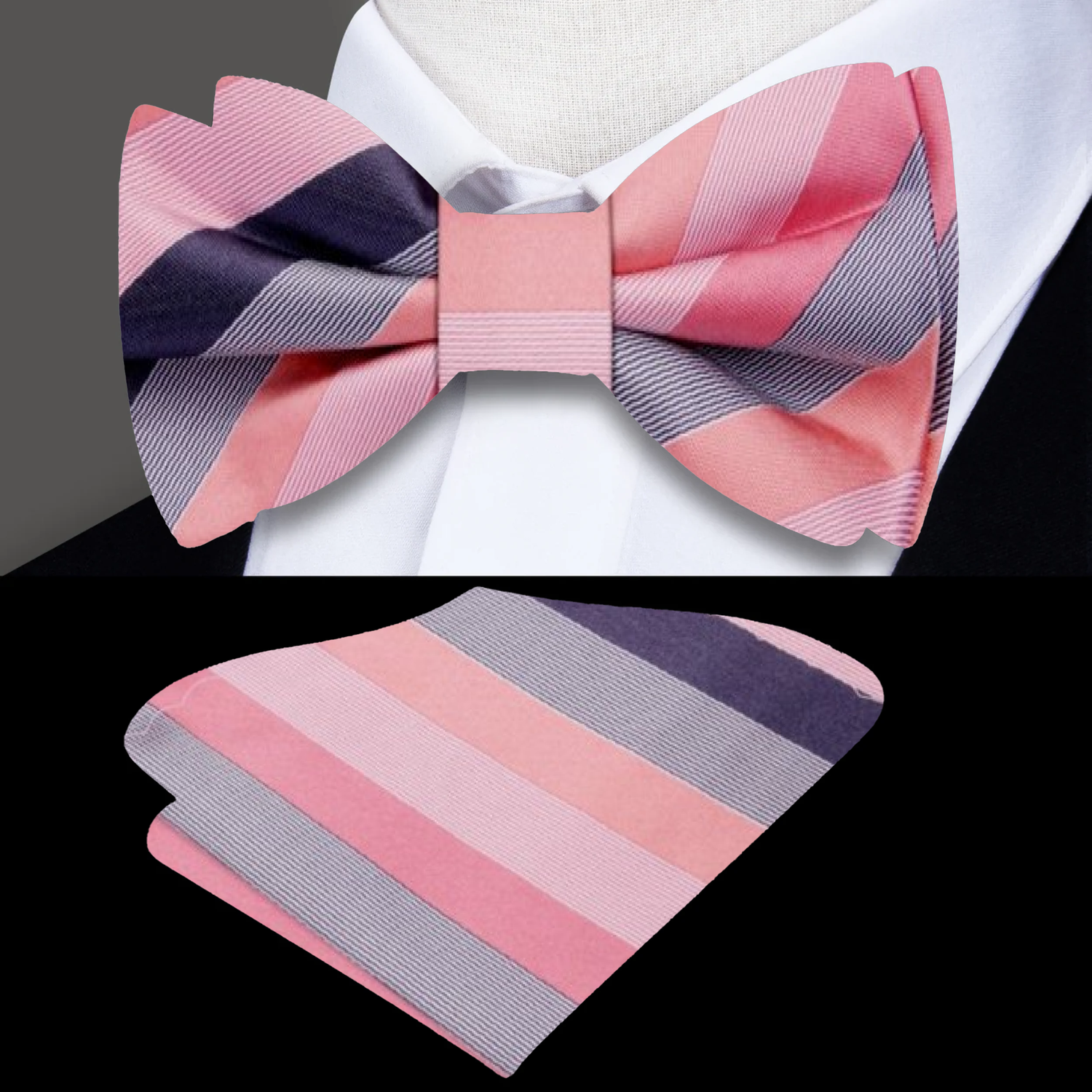 ||Peach, Pink, Smoke Purple Stripe Bow Tie and Square