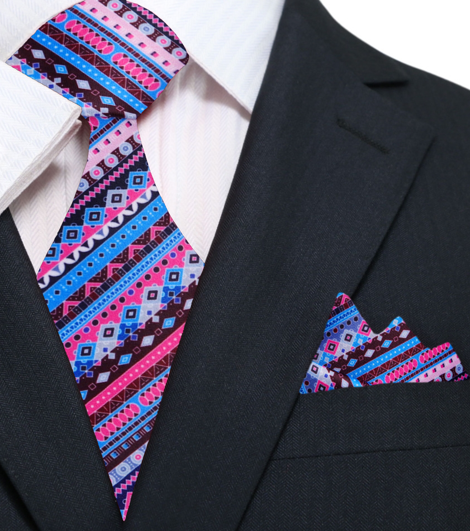 Shades of Pink and Blue Shapes Lined Necktie and Square