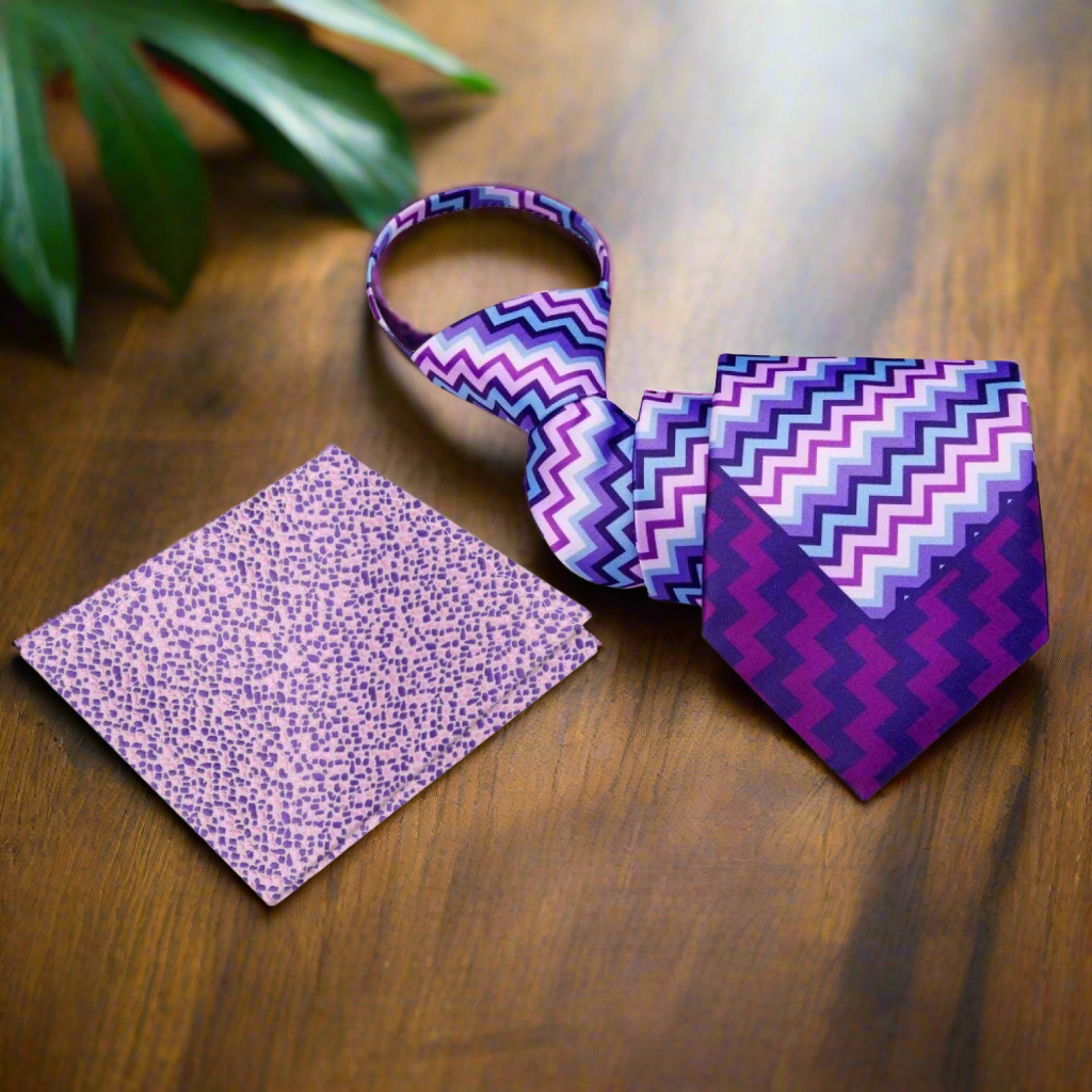 Accenting Purple, Pink, Blue Jagged Lines Tie and Accenting Pocket Square