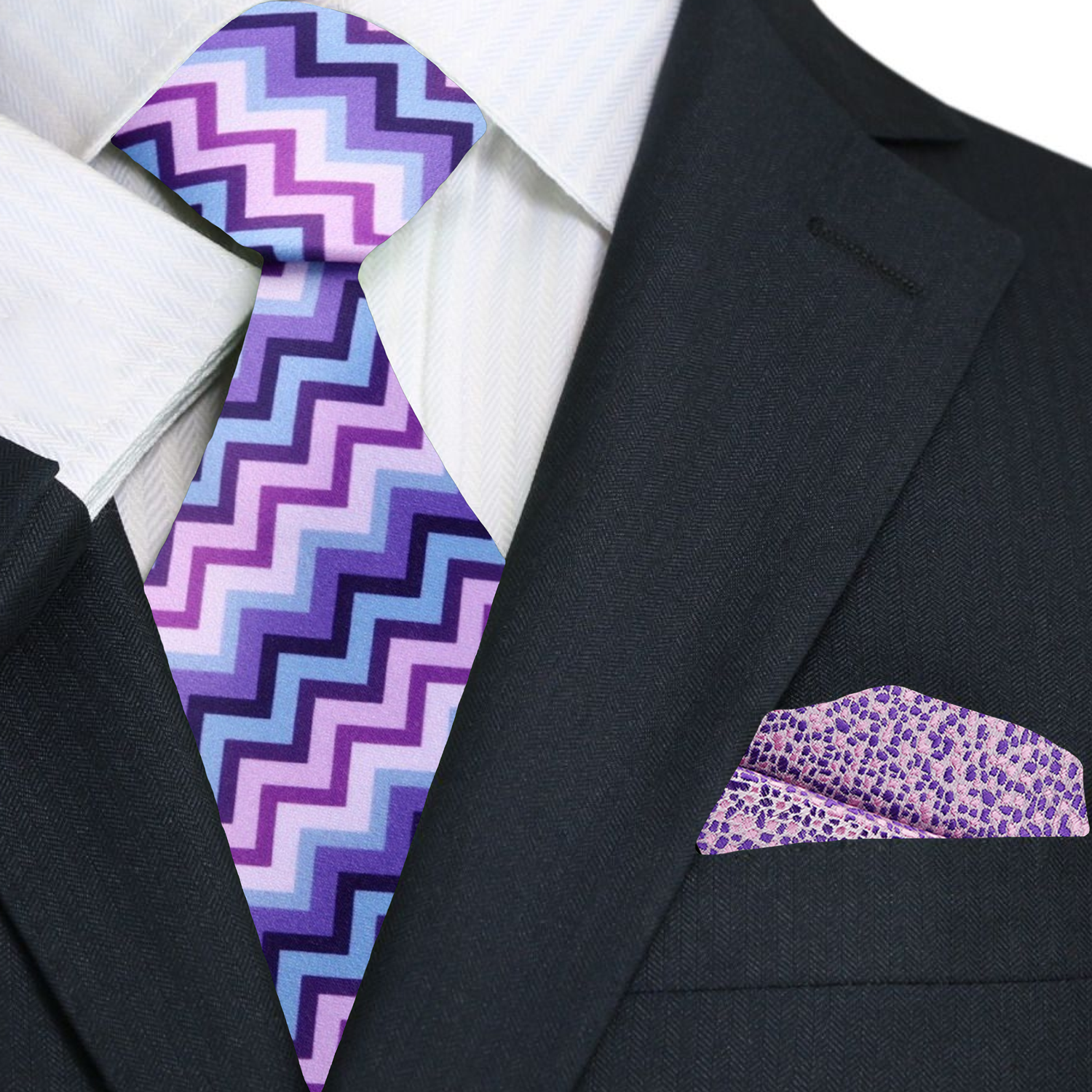 Premium  Purple, Pink, Blue Jagged Lines Tie and Accenting Pocket Square