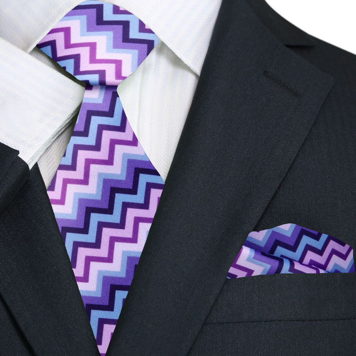 Premium  Purple, Pink, Blue Jagged Lines Tie and Pocket Square