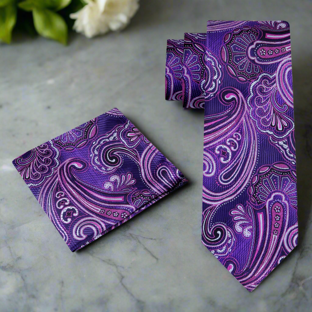 Shades of Purple Paisley Necktie and Square 1A