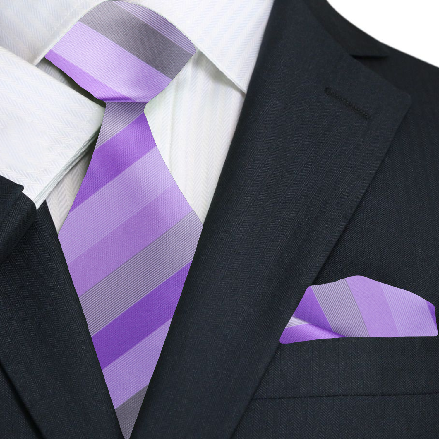 Main Shades of Purple and Grey Stripe Tie and pocket Square