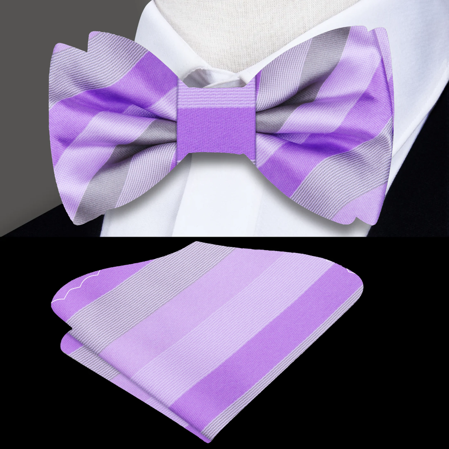 Shades of Purple and Grey Stripe Bow Tie and Pocket Square ||Purple, Grey