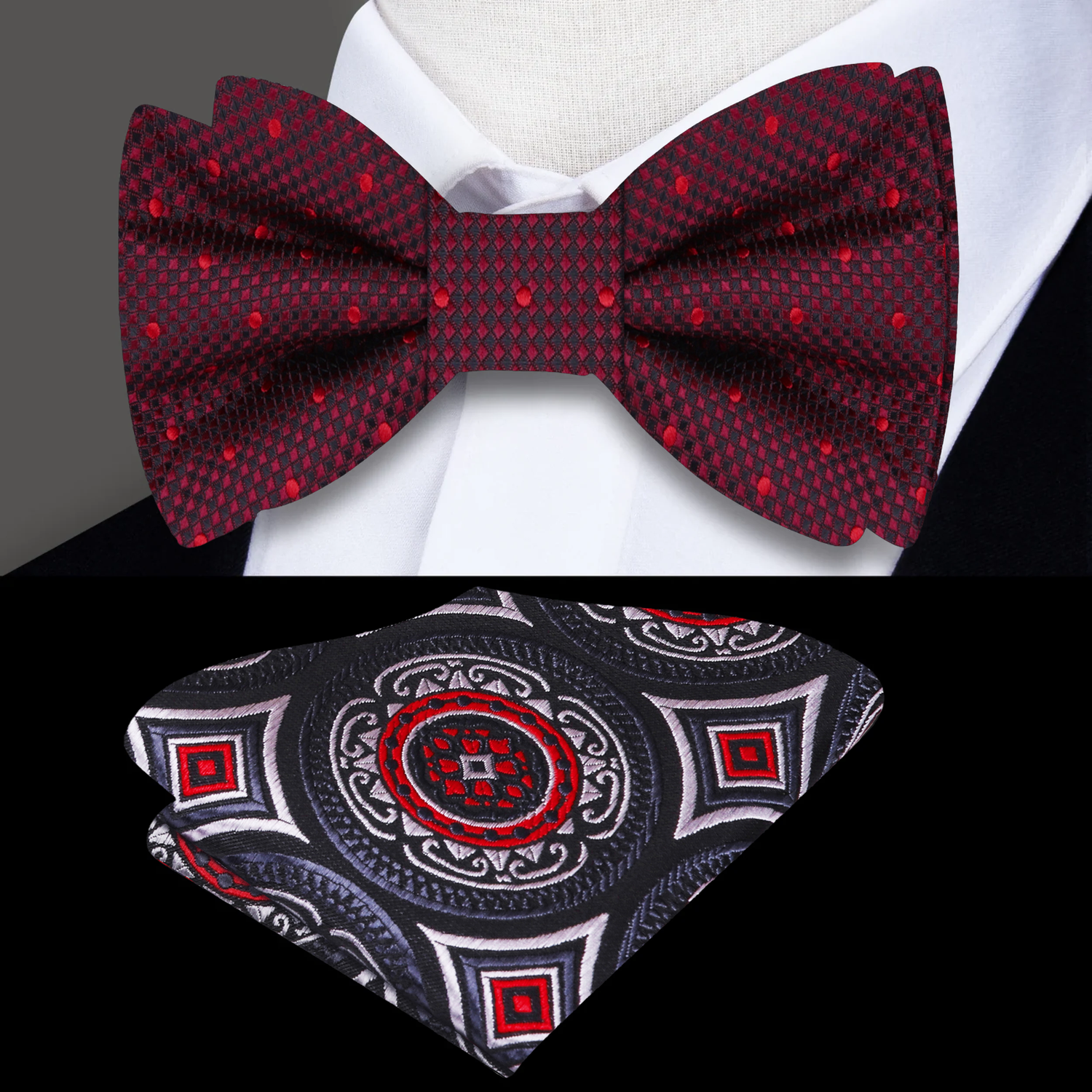 Shades of red geometric bow tie and accenting square