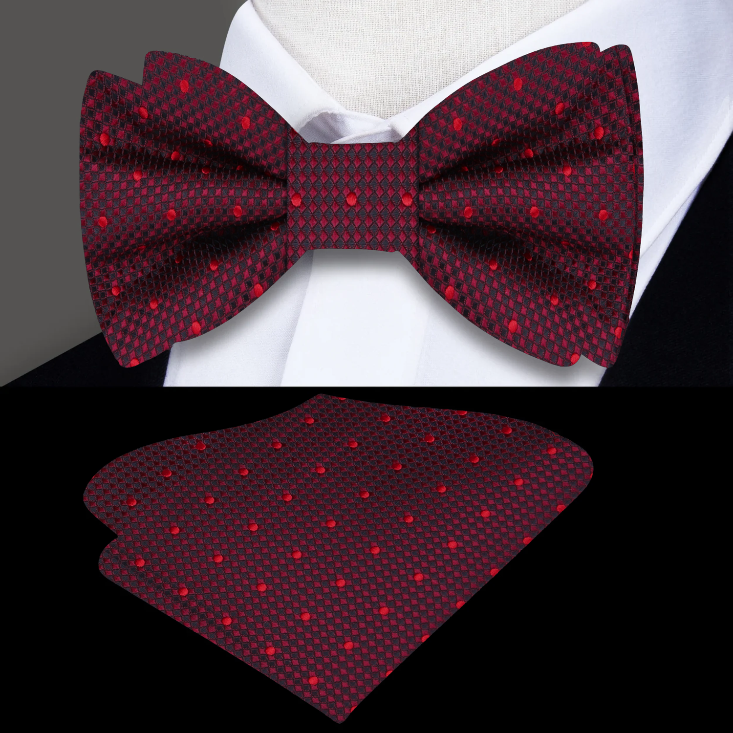 Shades of red geometric bow tie and square with polka accents,