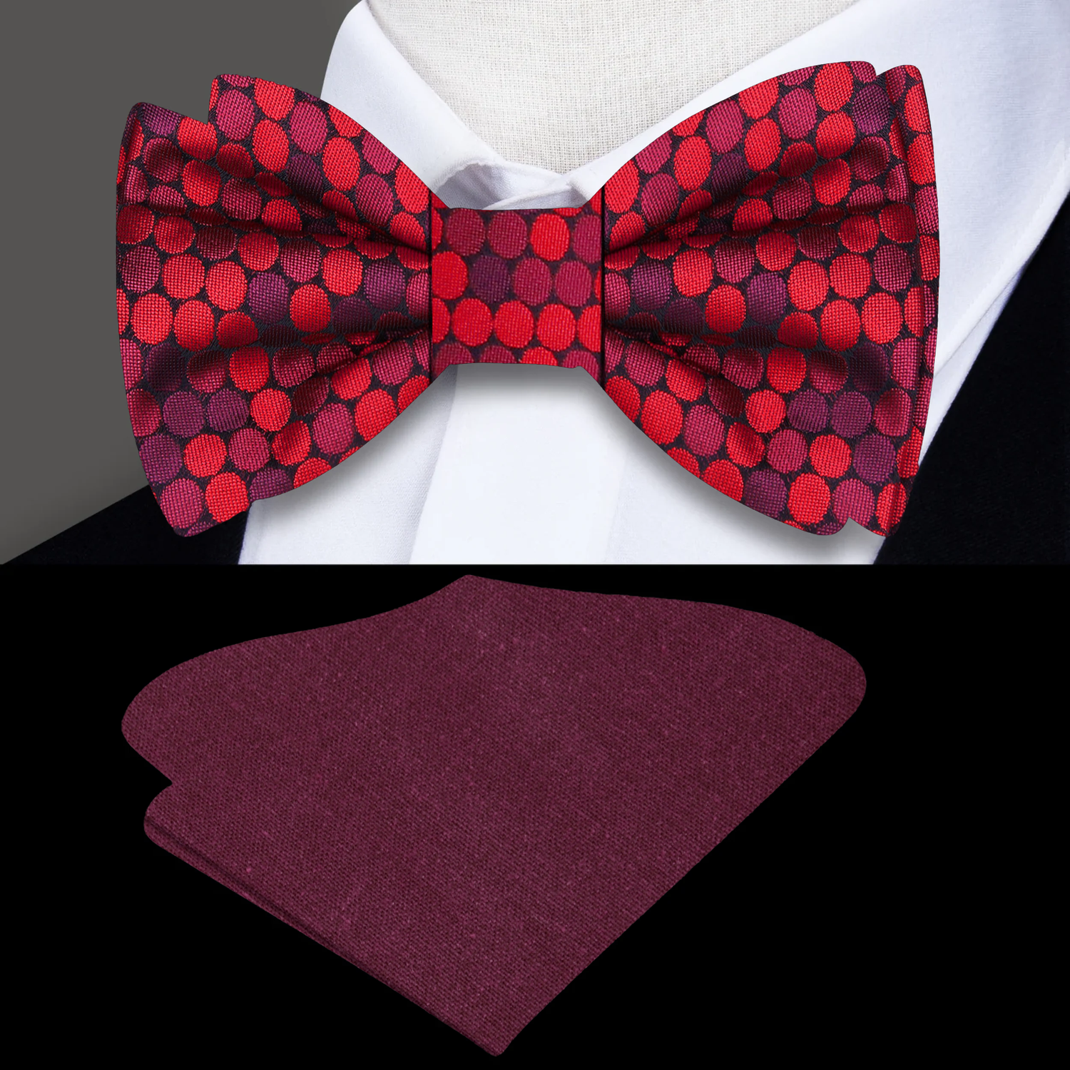 red patterned polka bow tie and red pocket square