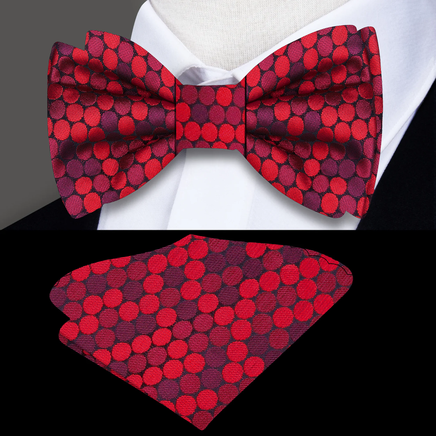 red patterned polka bow tie and pocket square