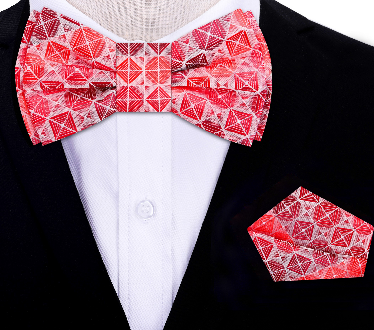 Shades of Red Geometric Bow Tie and Matching Square On Suit