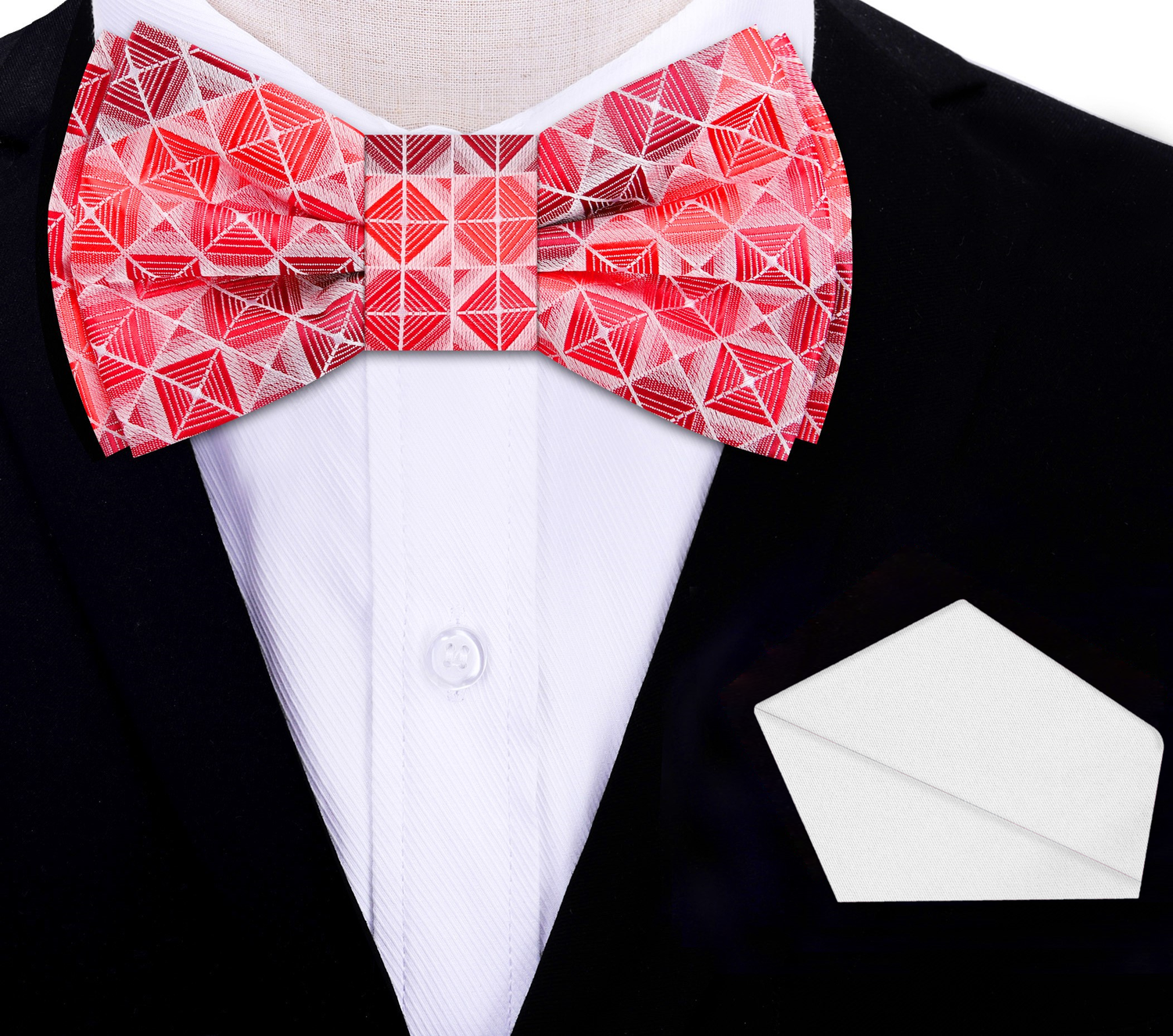 Shades of Red Geometric Bow Tie and White Square on Suit