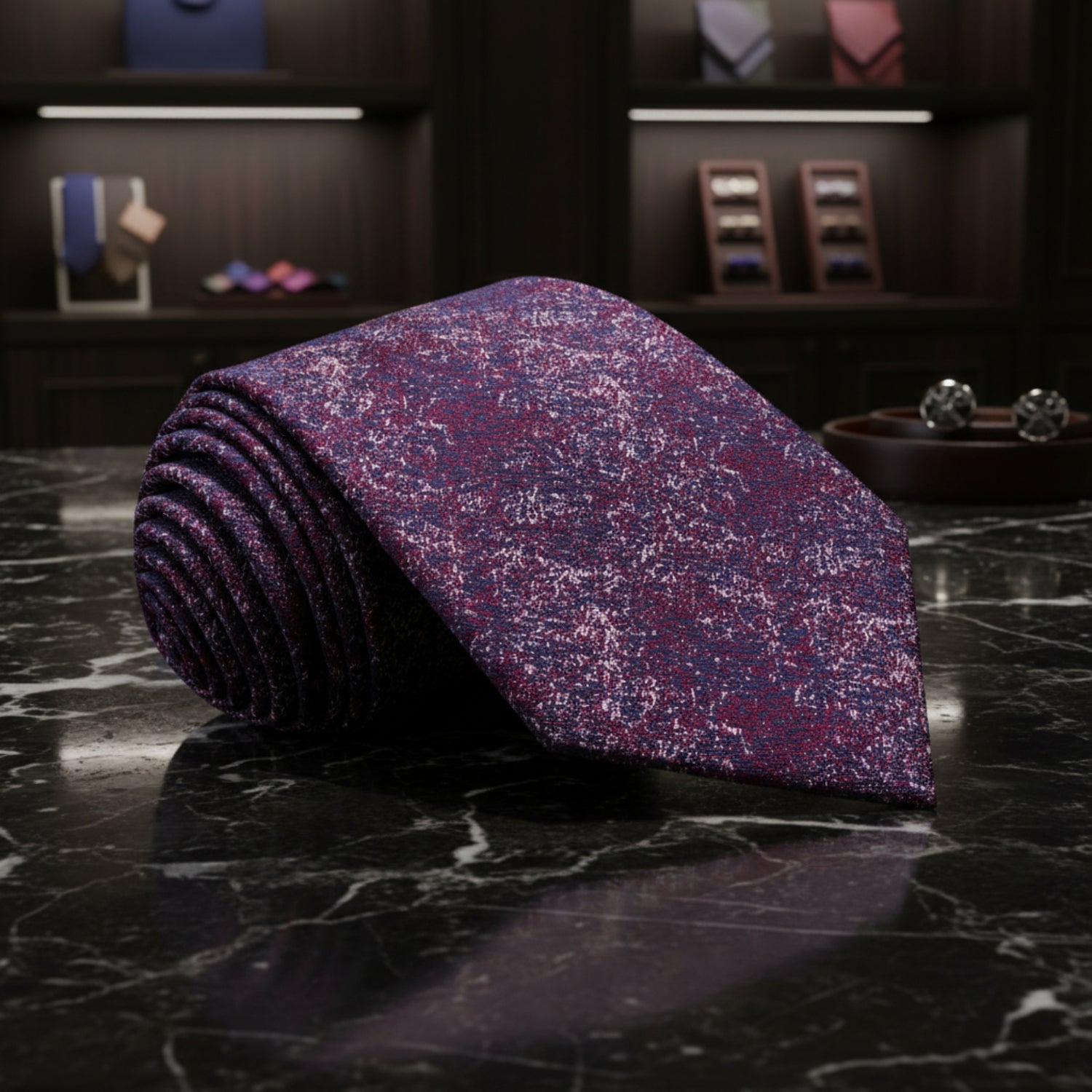 Folded purple patterned tie on 