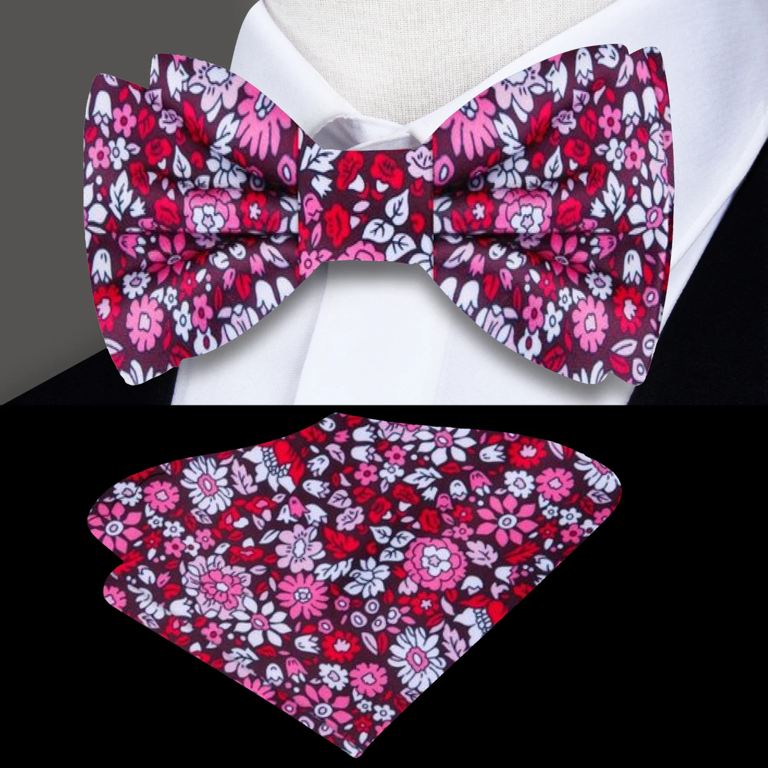 Red, Pink, White Small Intricate Flowers Bow Tie and Pocket Square||Red, Pink
