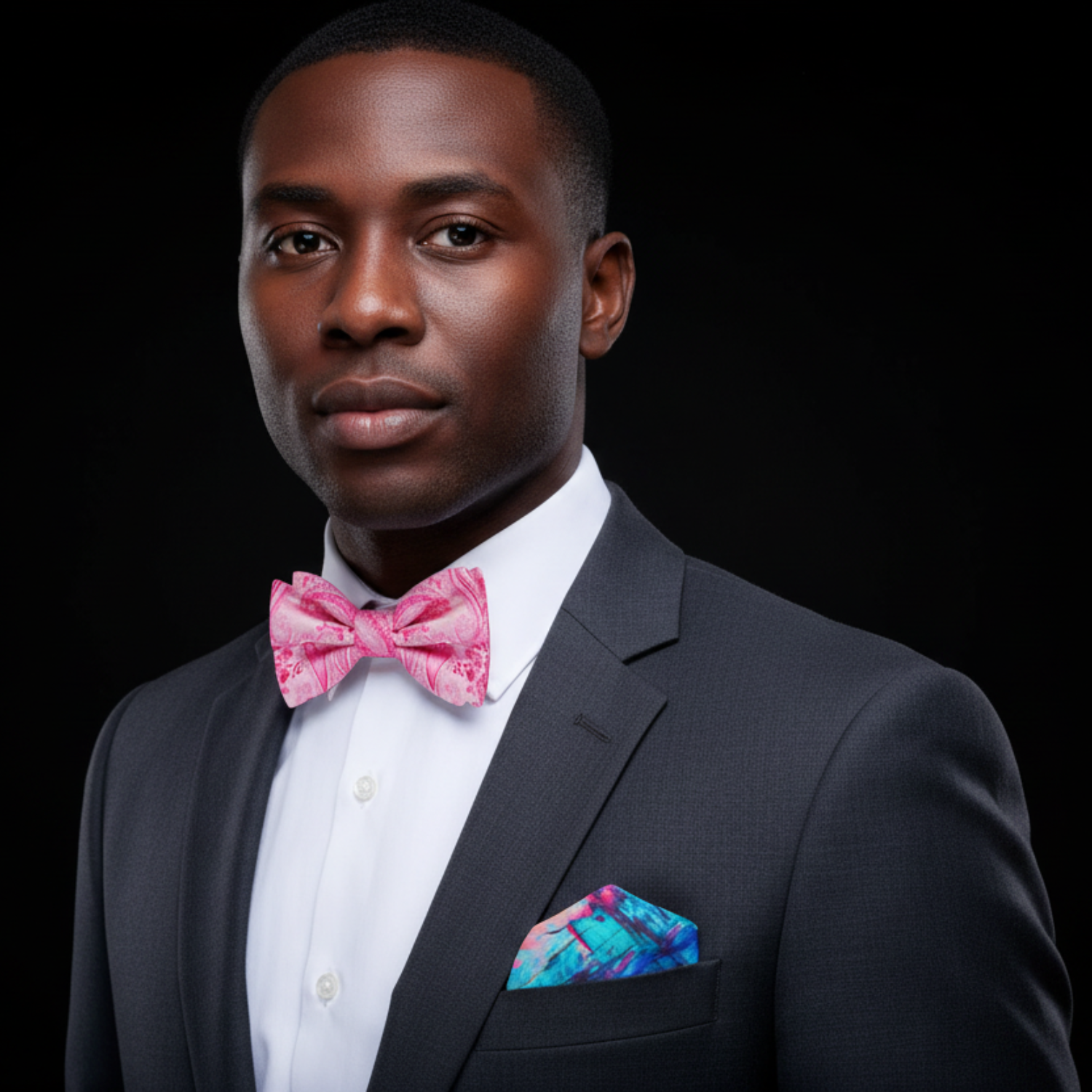 Man wearing pink paisley bow tie and accenting square with grey suit