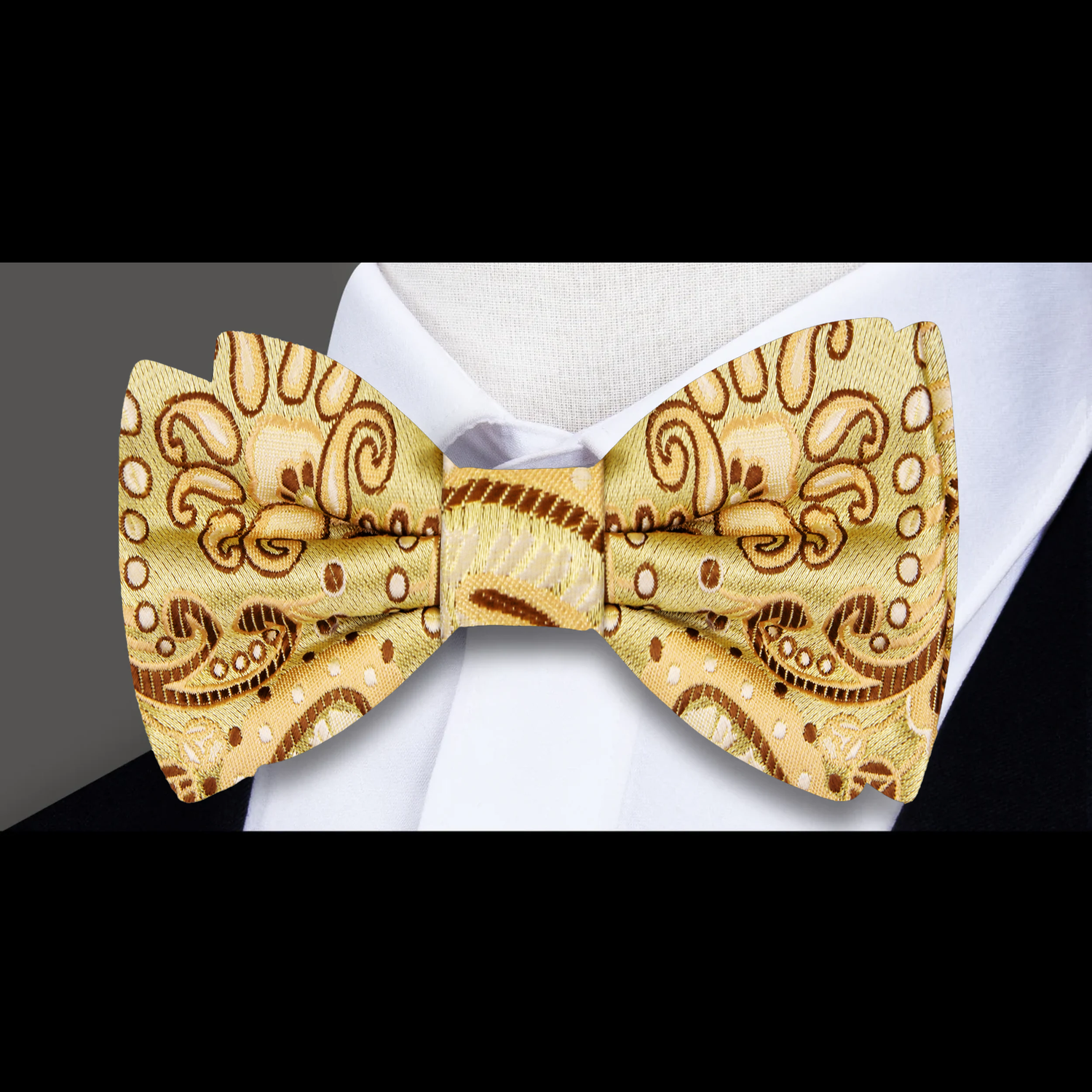 A Gold, Brown Paisley Pattern Silk Self Tie Bow Tie 