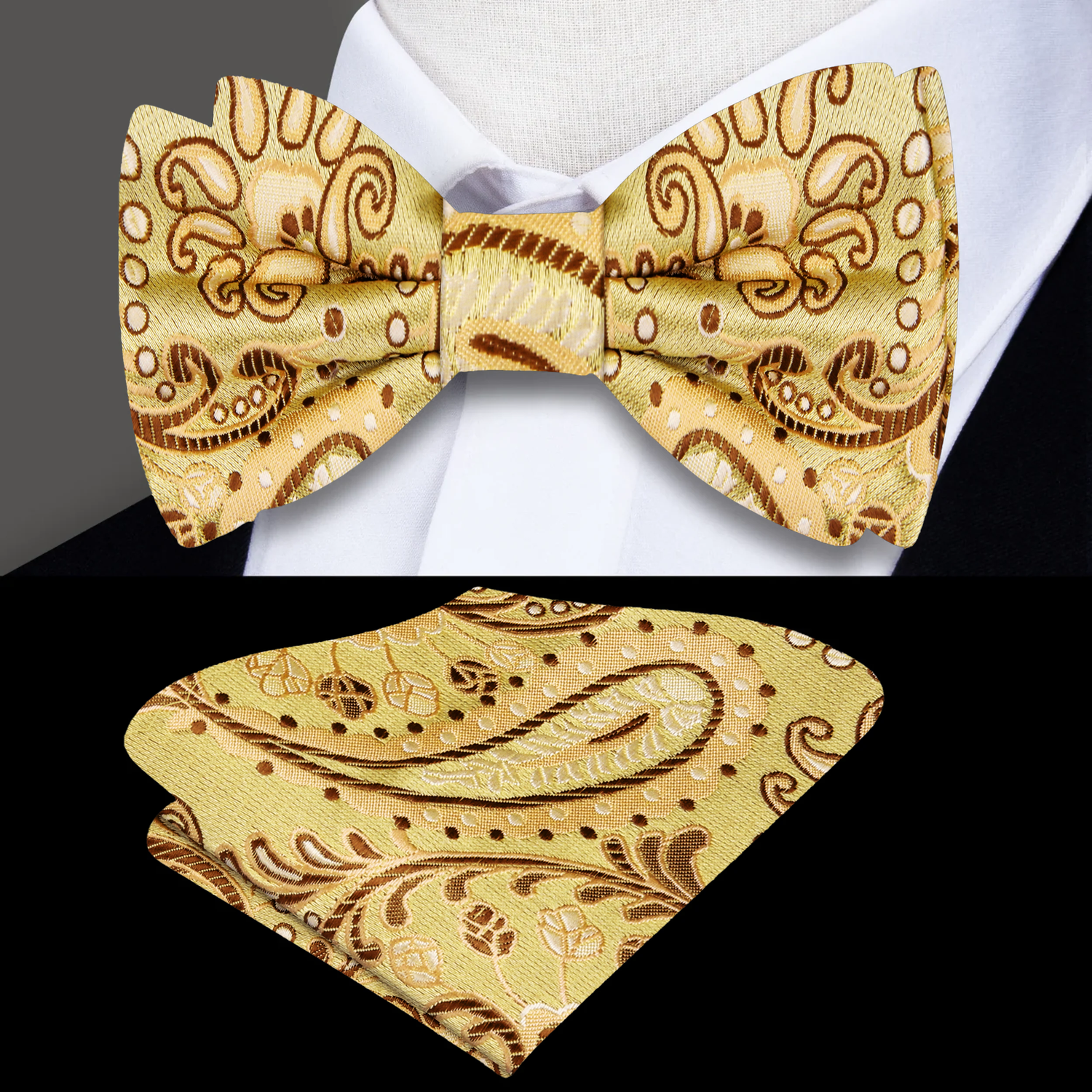 A Gold, Brown Paisley Pattern Silk Self Tie Bow Tie, Matching Pocket Square