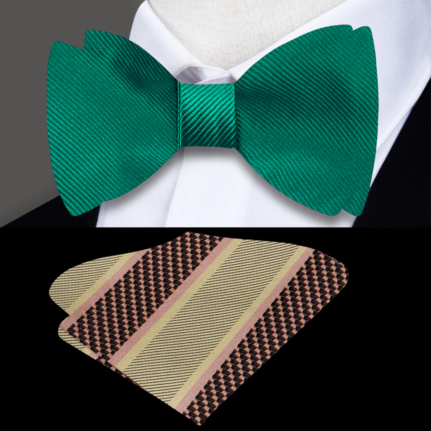 Solid Green Self Tie Bow Tie and Accenting Square