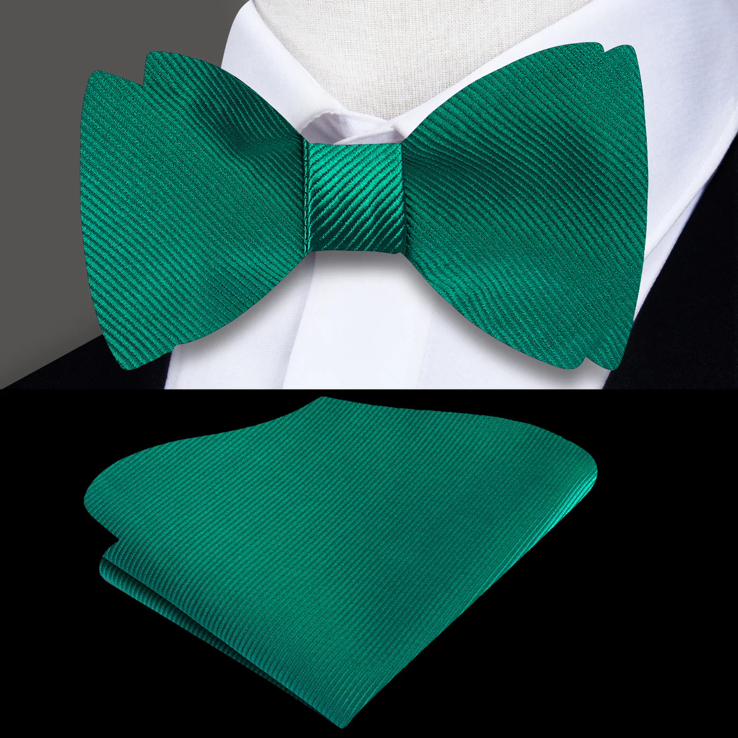 Solid Green Self Tie Bow Tie and Square