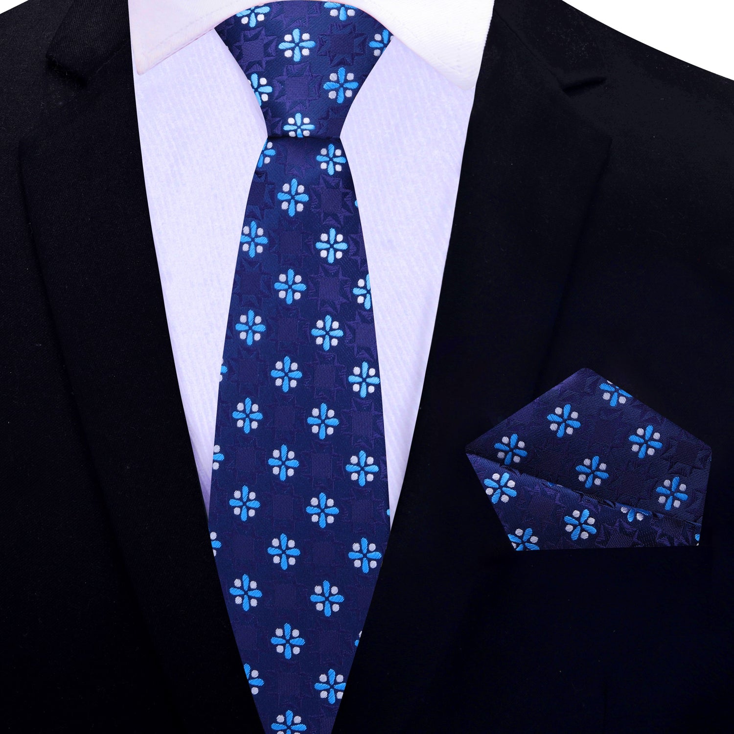 Thin shades of Blue and Light Grey Geometric Tie and  Pocket Square