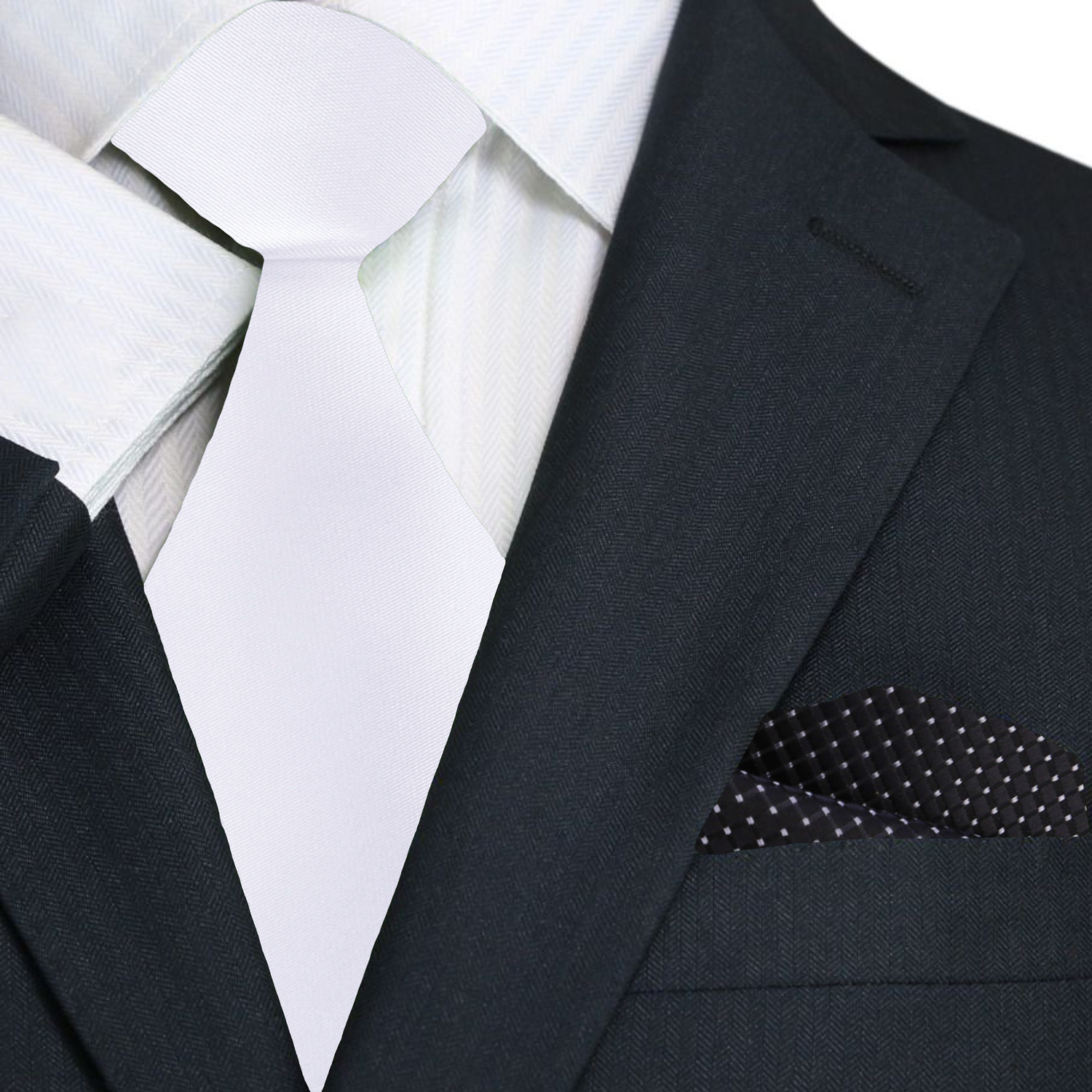 Premium Solid White Tie with Black Check Square