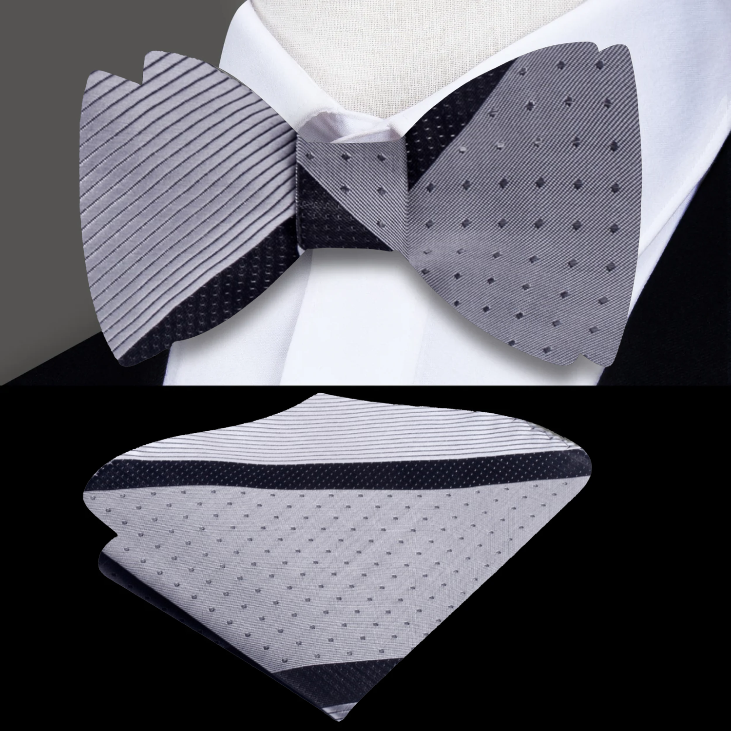 Main: Silver Black Stripe Bow Tie and Pocket Square