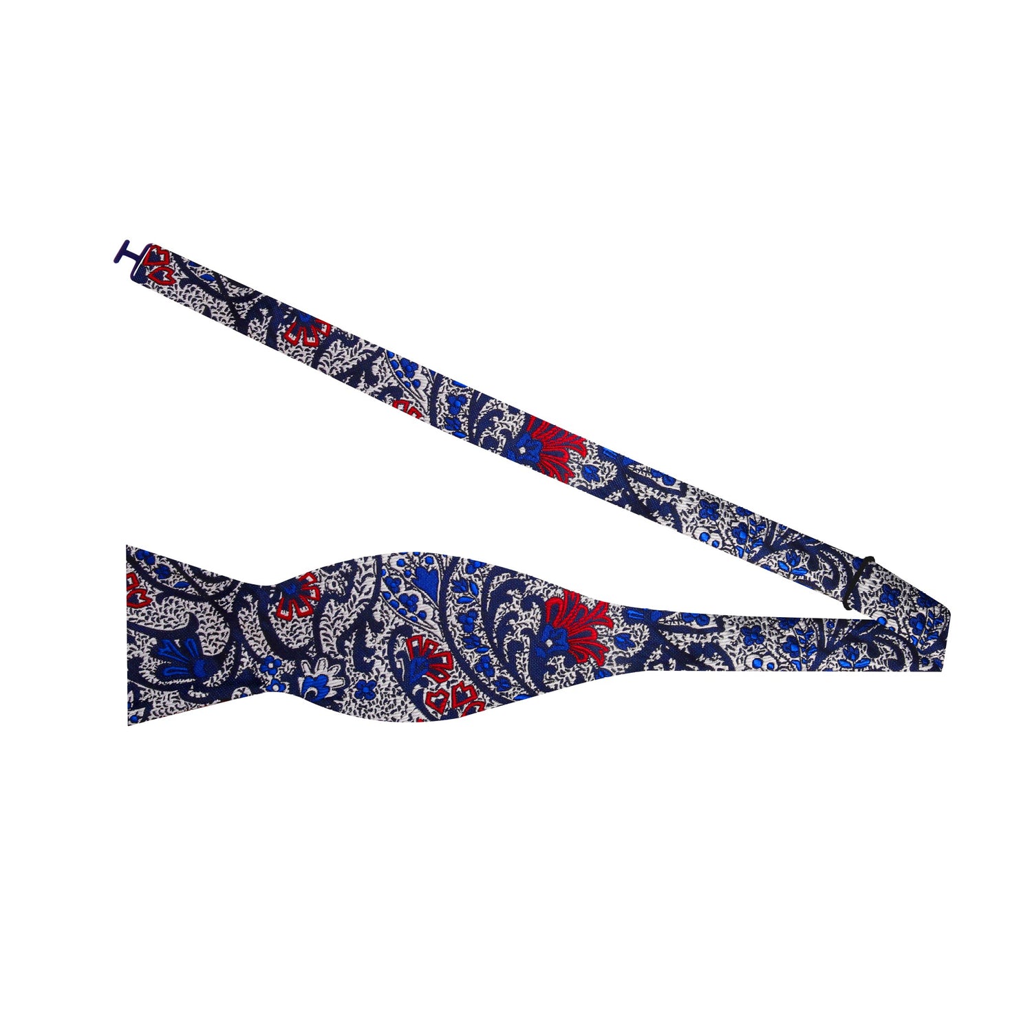 Silver, Blue, Black and Red Paisley Bow Tie Self Tie