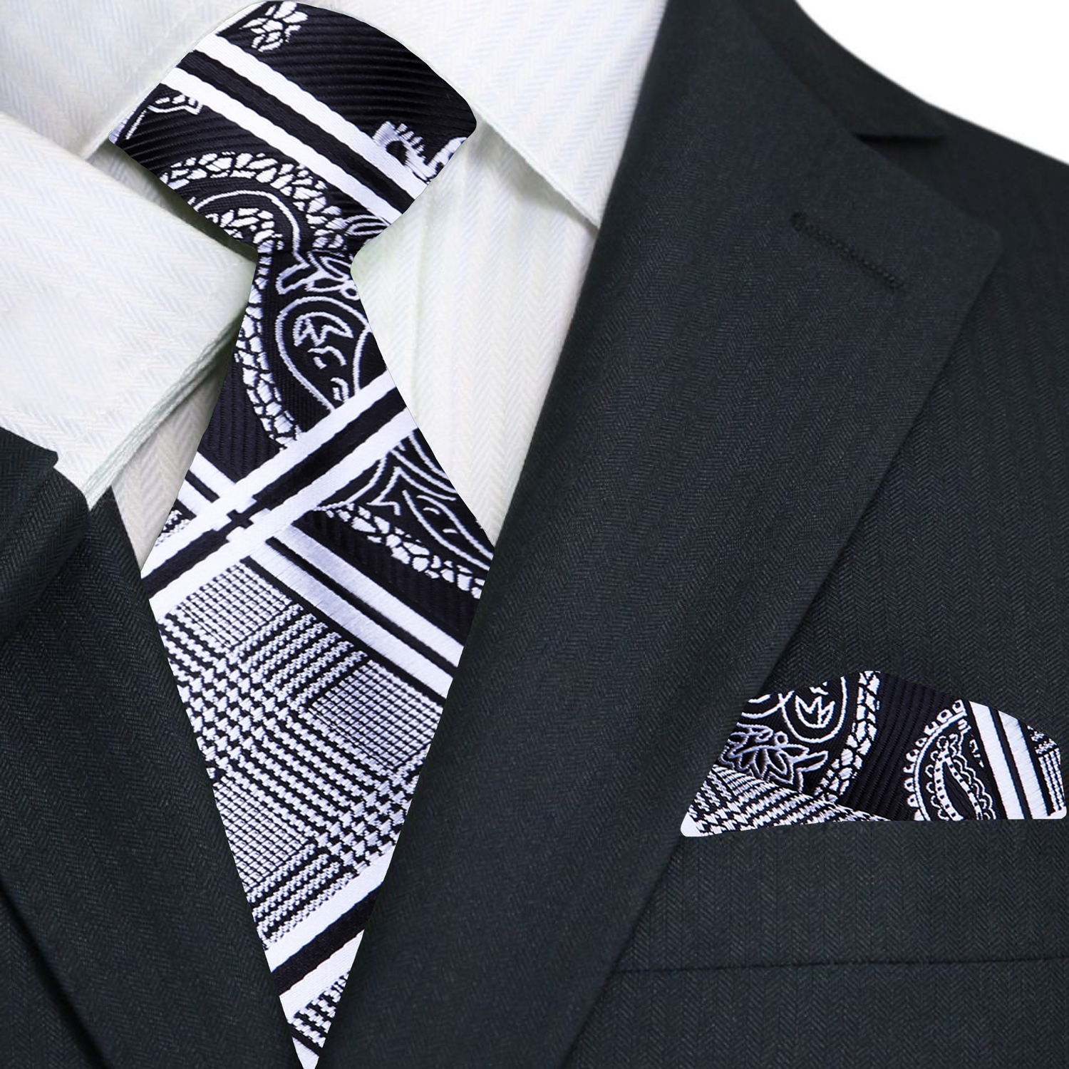 Main A Black, Grey, White Paisley Self Tie Necktie and Pocket Square