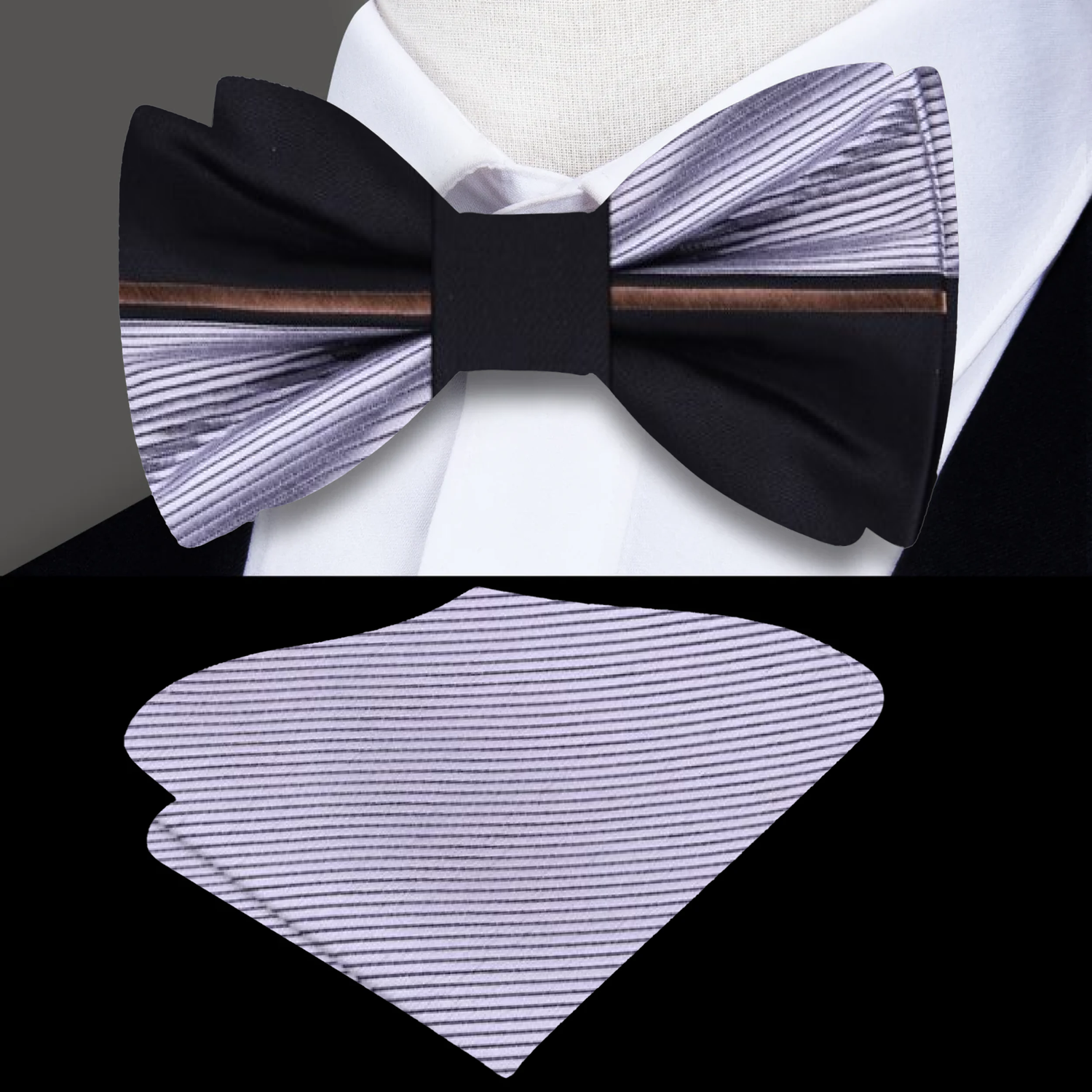 Grey, Black Lined Bow Tie and Pocket Square||Silver, Black