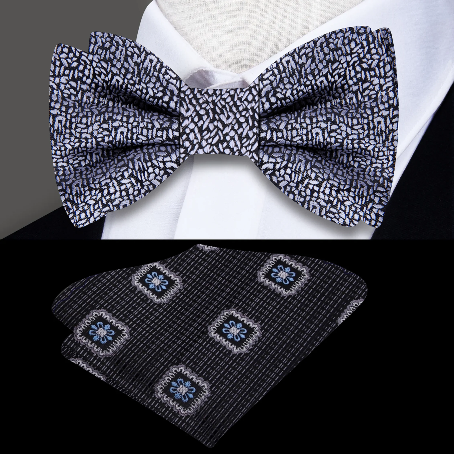 Grey, Black Texture Bow Tie and Accenting Pocket Square||Grey