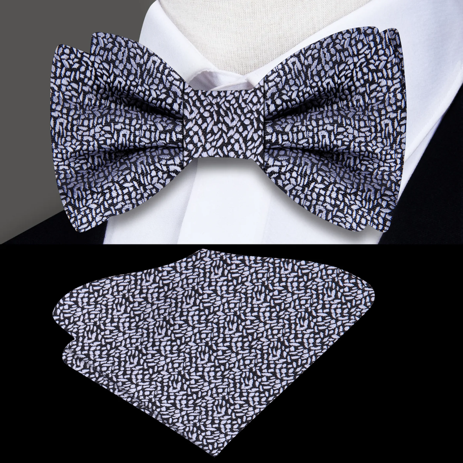 Grey, Black Texture Bow Tie and Pocket Square||Grey