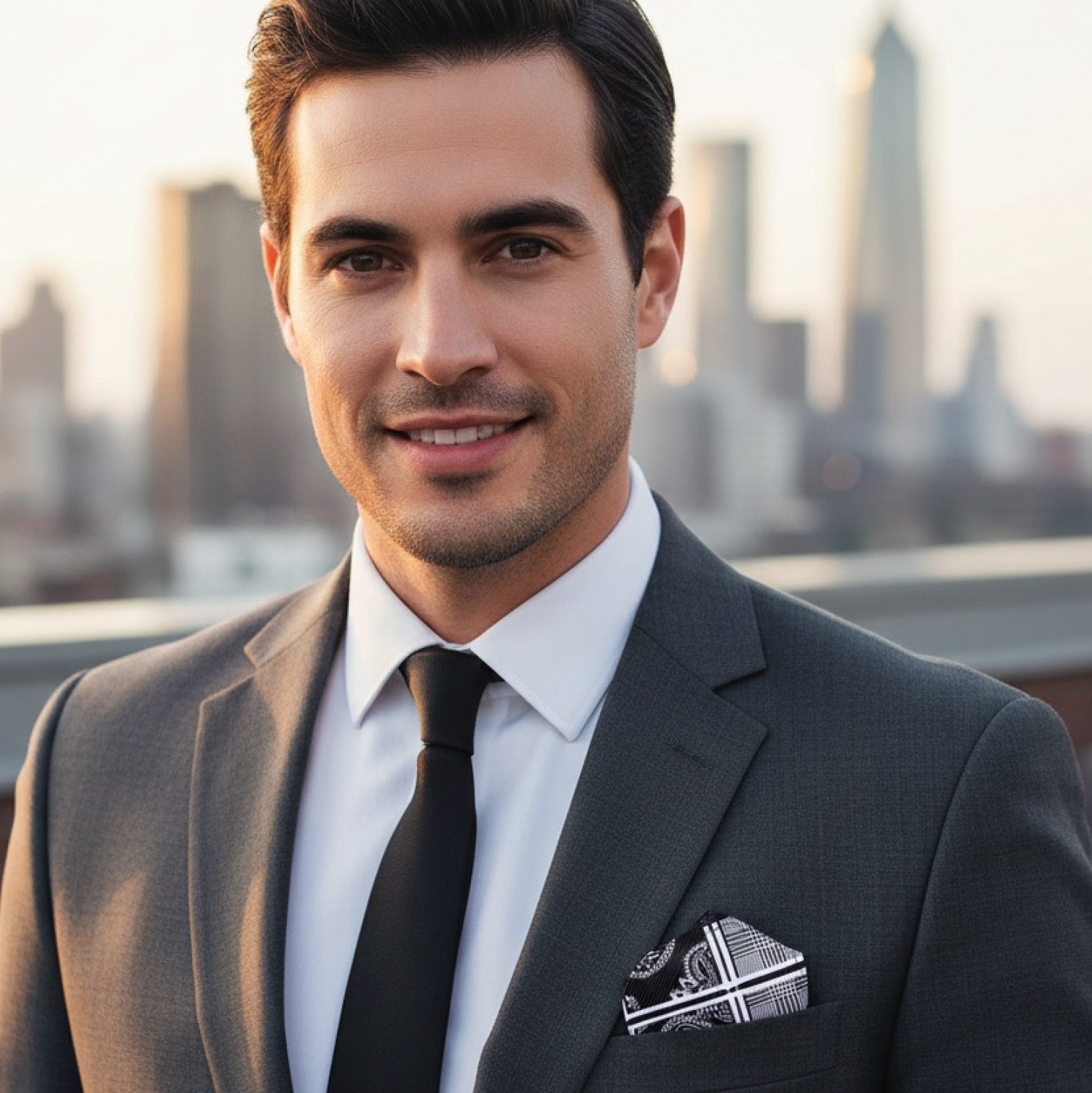 Man in a suit and black paisley square with a cityscape in the background