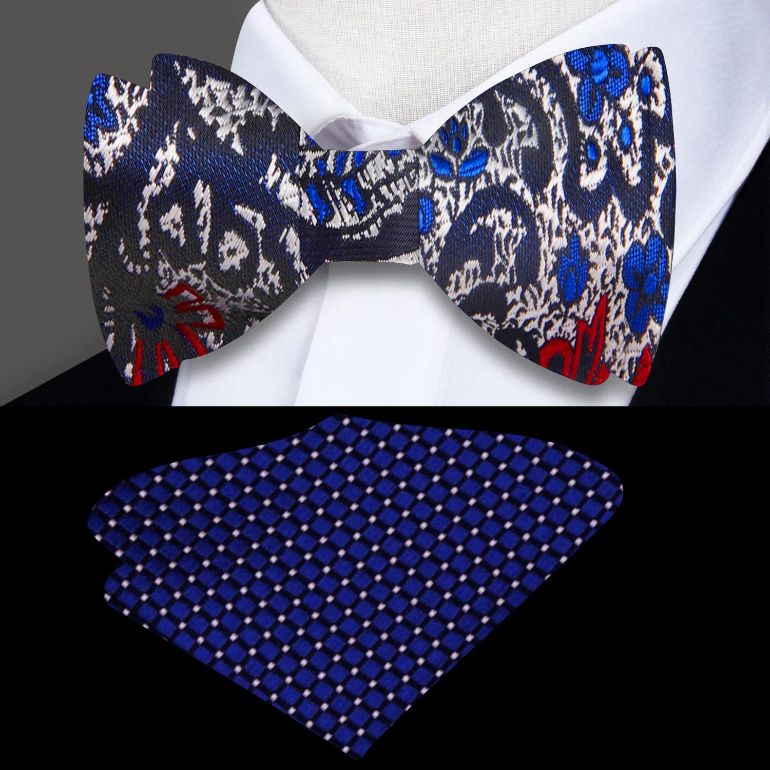 Main: Silver, Blue, Black and Red Paisley Bow Tie and Blue Square 