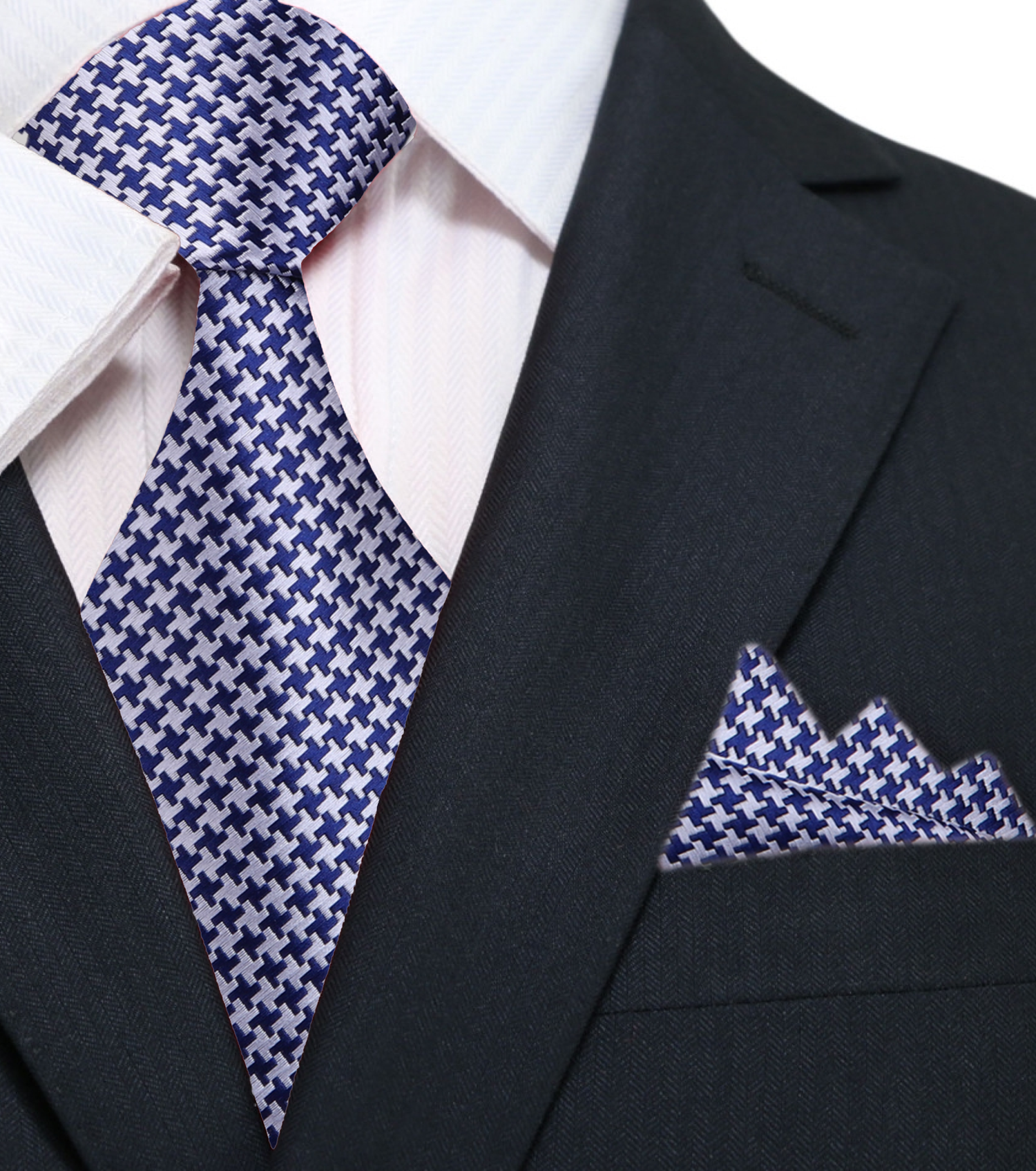 Main: Silver, Blue Hounds Tooth Tie and Pocket Square||Silver/Blue