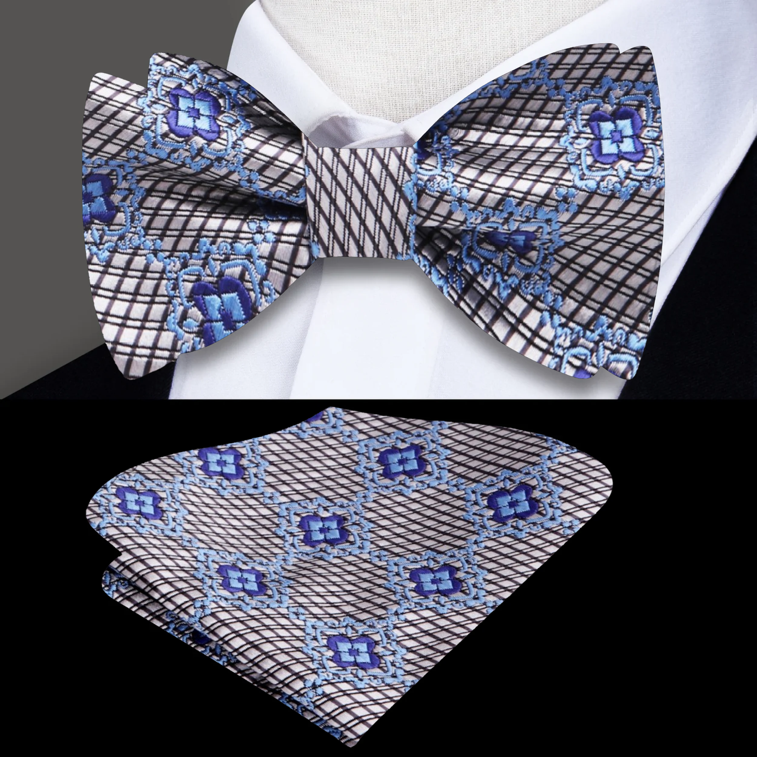 A Grey, Blue Geometric with Flower Pattern Silk Self Tie Bow Tie, Matching Pocket Square