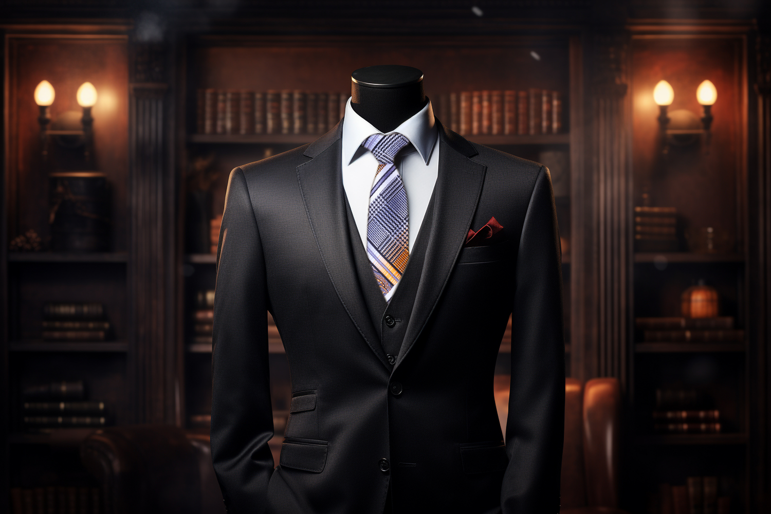 Grey, White, Black, Copper Orange Paisley Tie on Black Suit