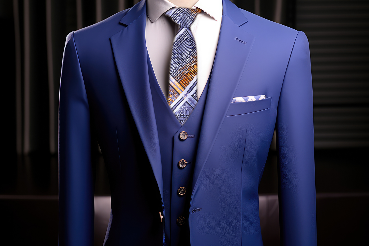 Grey, White, Black, Copper Orange Paisley Tie on Blue Suit