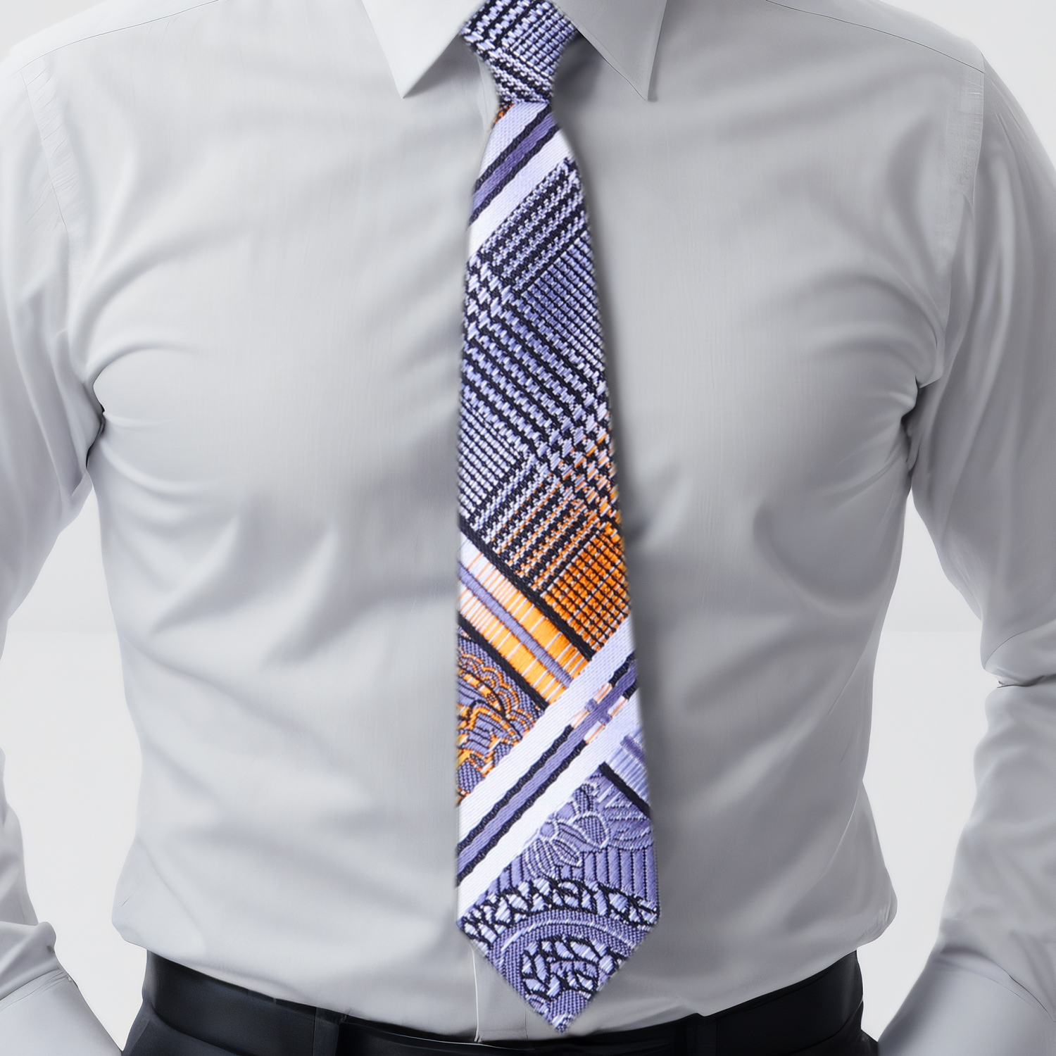 Grey, White, Black, Copper Orange Paisley Tie on white Shirt