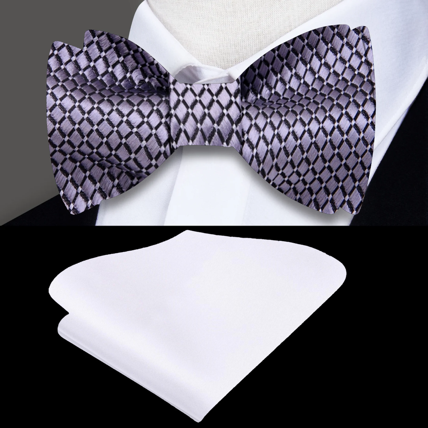 Silver Small Geometric Diamond With Small Dots Pattern Silk Self Tie Bow Tie With Accenting White Pocket Square
