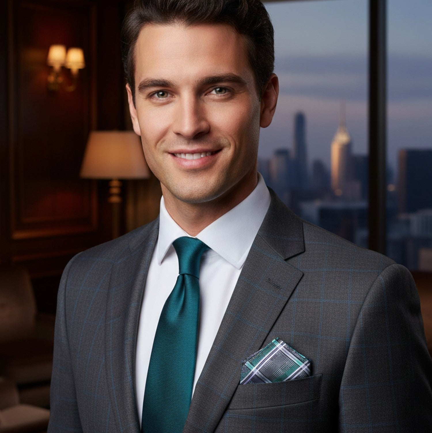 Man in a gray suit with a green tie and pocket square, standing in a room with a cityscape view.