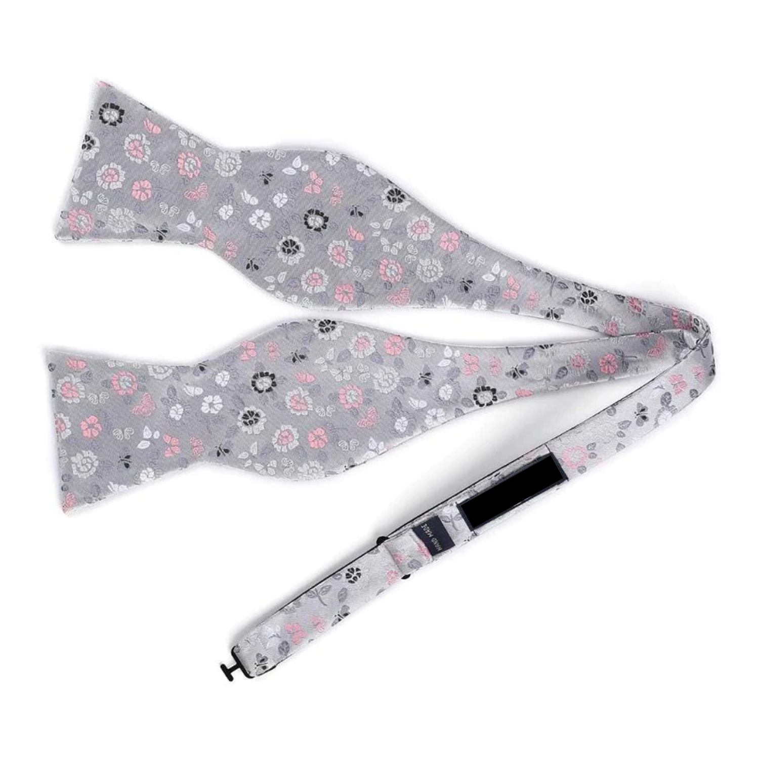 Self Tie: A Light Silver, Grey, Pink, White Floral Pattern Silk Self Tie Bow Tie, ||Silver, Pink, White, Black