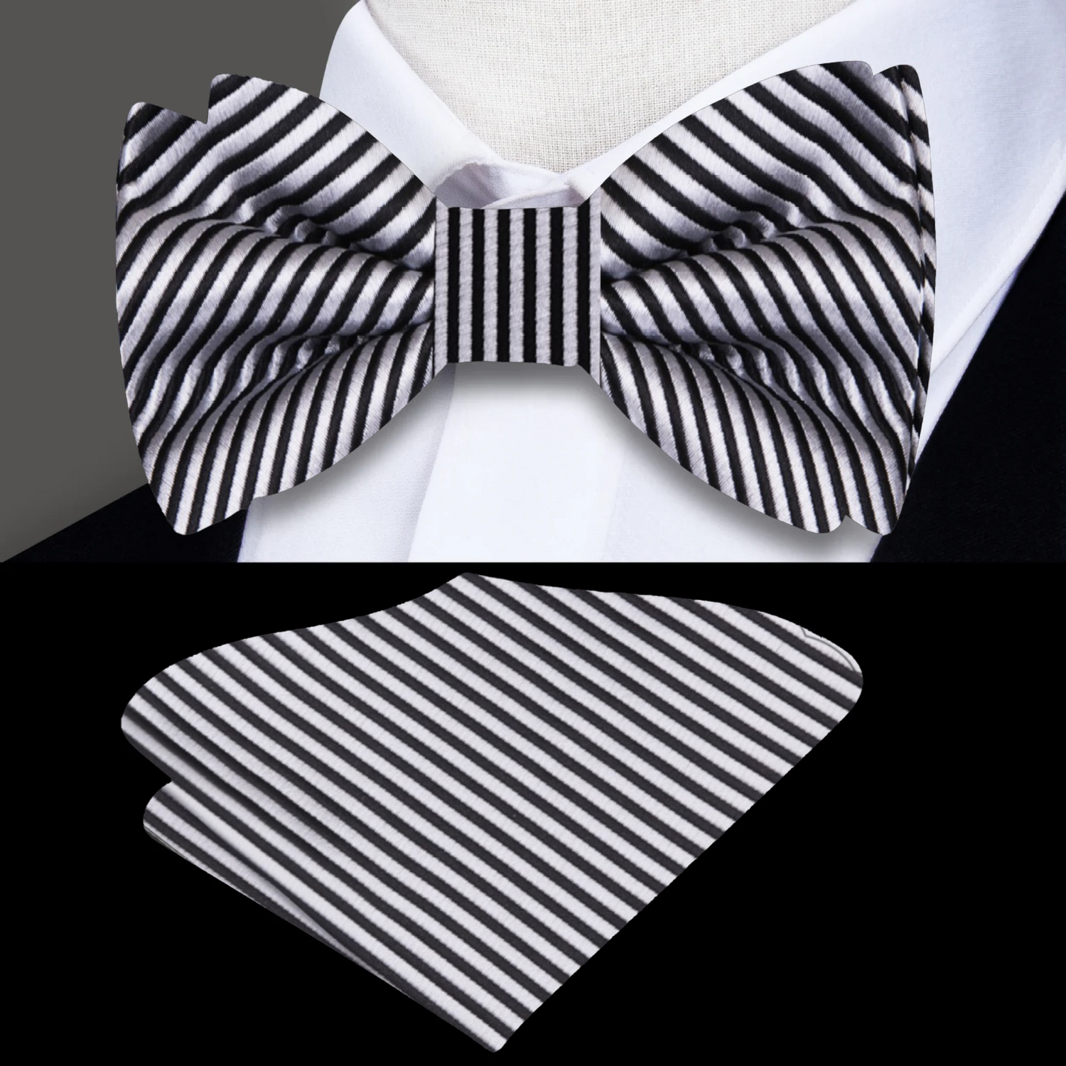 Main: Silver, Black Pinstripe Bow Tie and Pocket Square