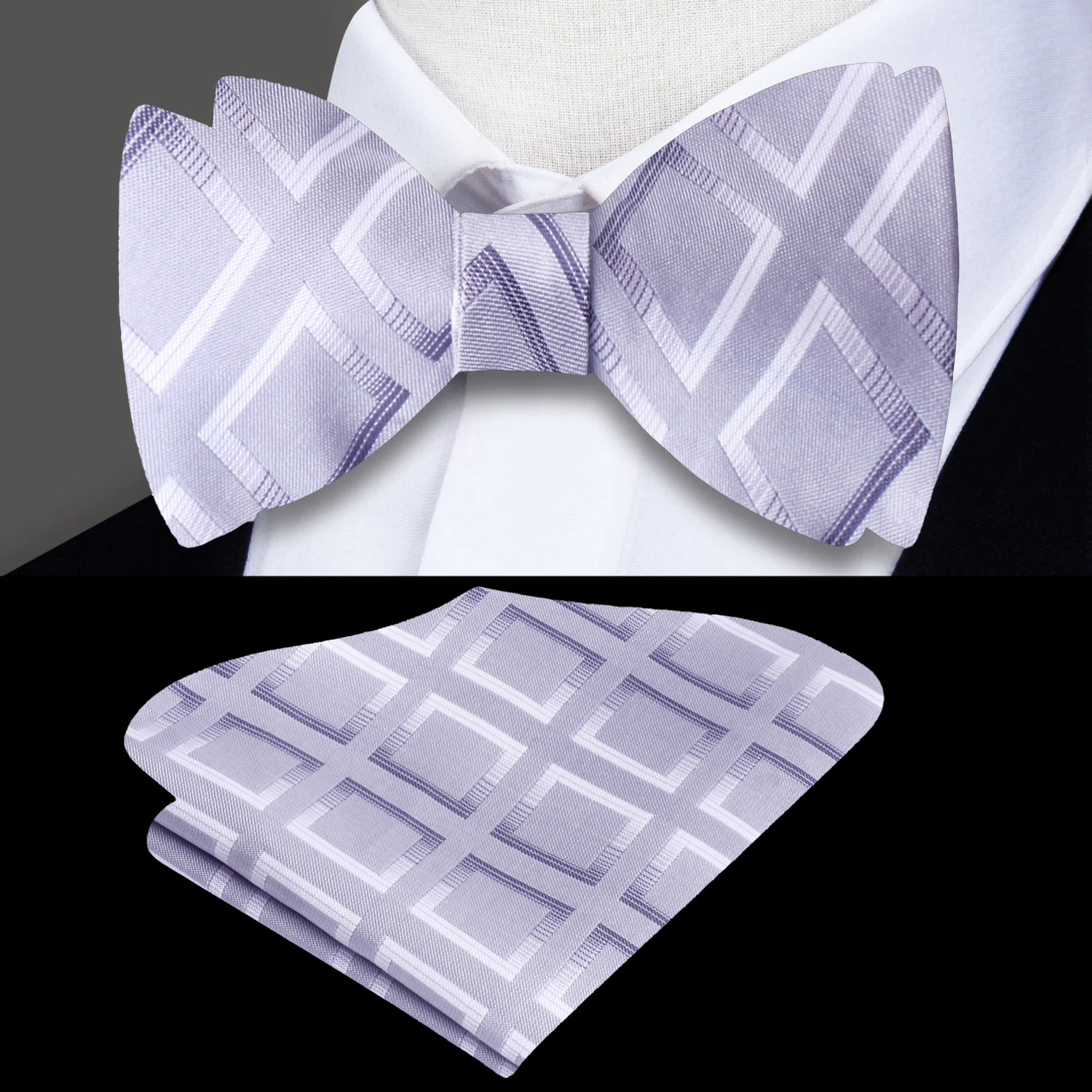 Silver Geometric Bow Tie and Pocket Square