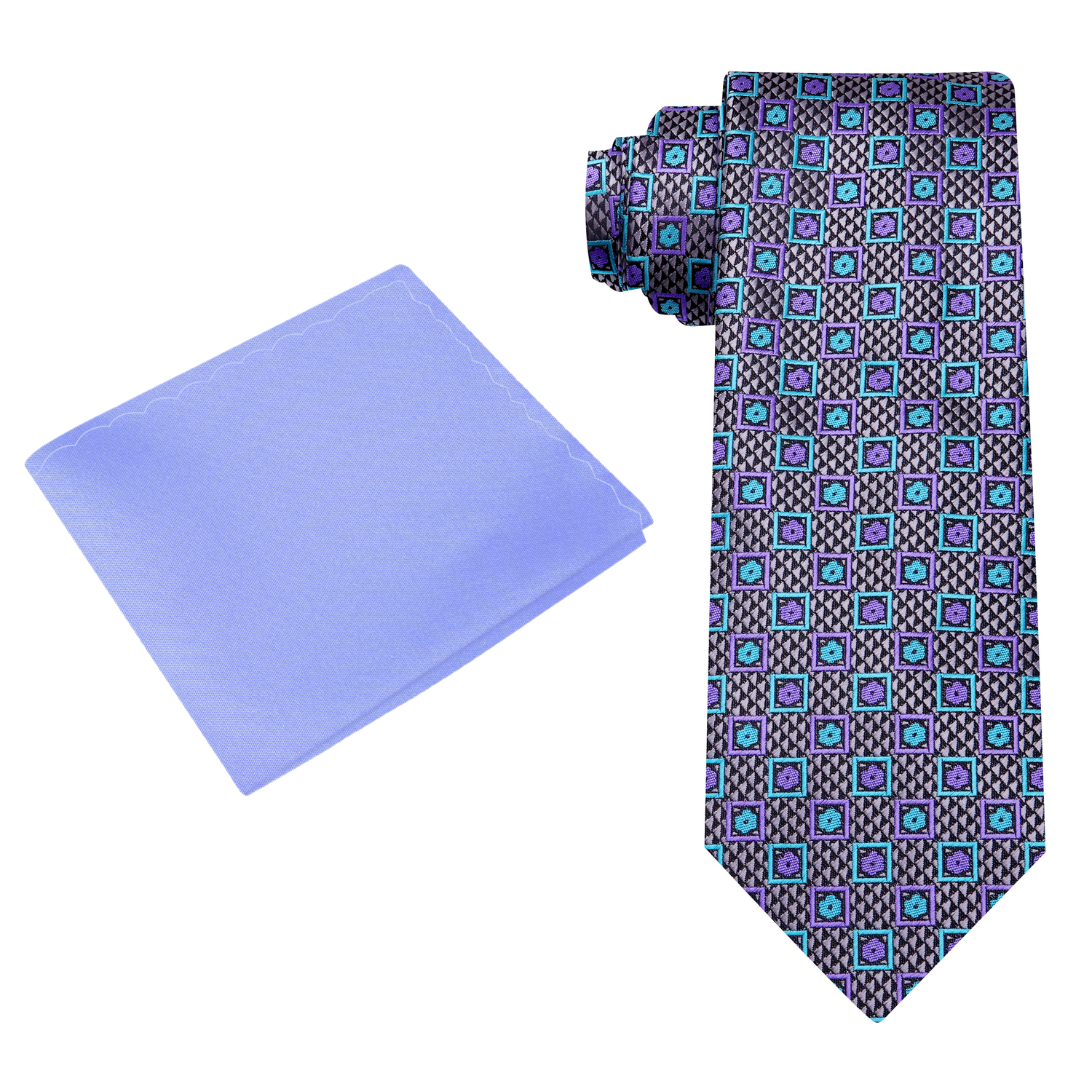 Alt View: Grey, Purple, Light Blue Small Blocks Tie and Pastel Purple Square