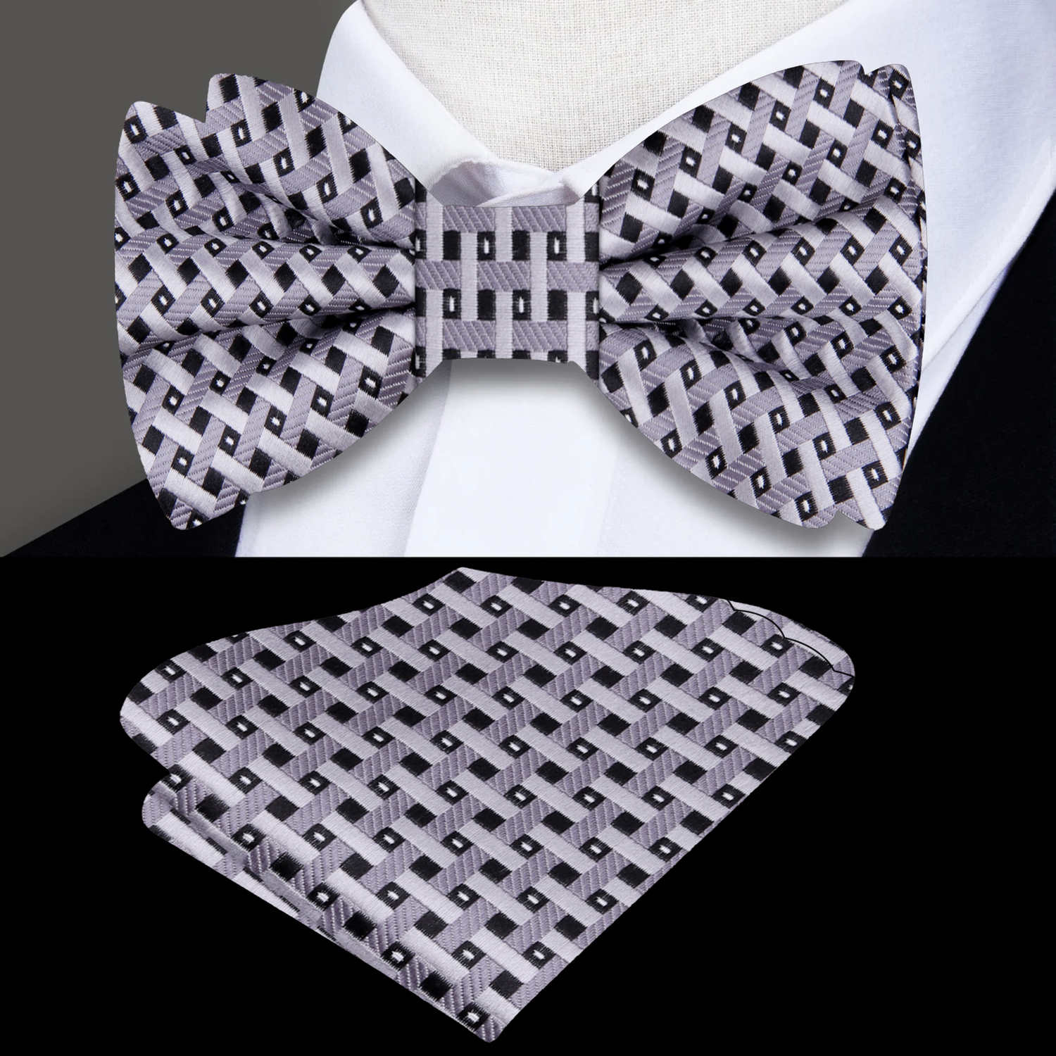 Silver Check Bow Tie and Pocket Square||Silver